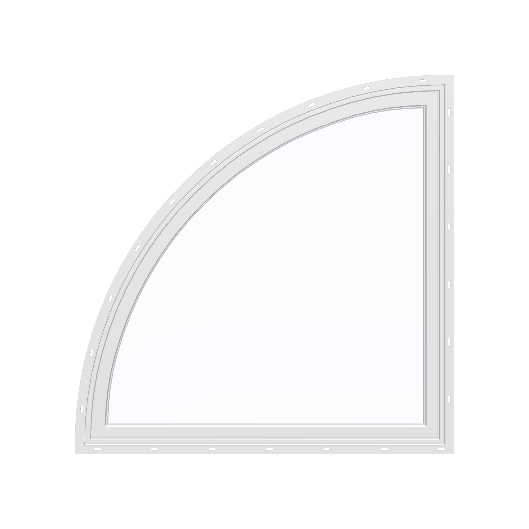 Straight exterior view of the 36 × 36 inch quarter round (left), white exterior / white interior, with nailing flange