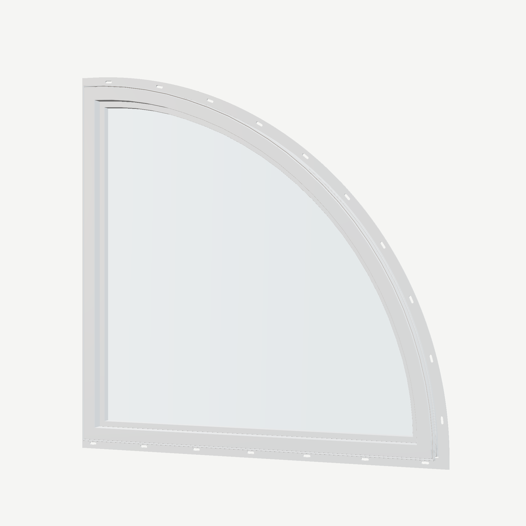 Angled interior view of the 36 × 36 inch quarter round (left), white exterior / white interior, with nailing flange