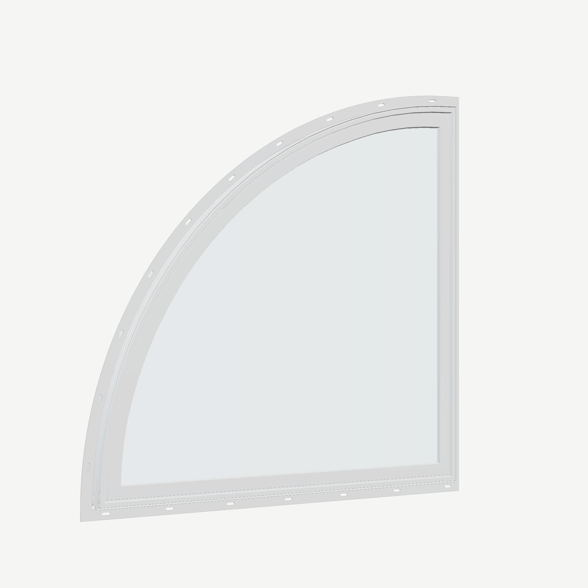 Opposite exterior angle of the 36 × 36 inch quarter round (left), white exterior / white interior, with nailing flange