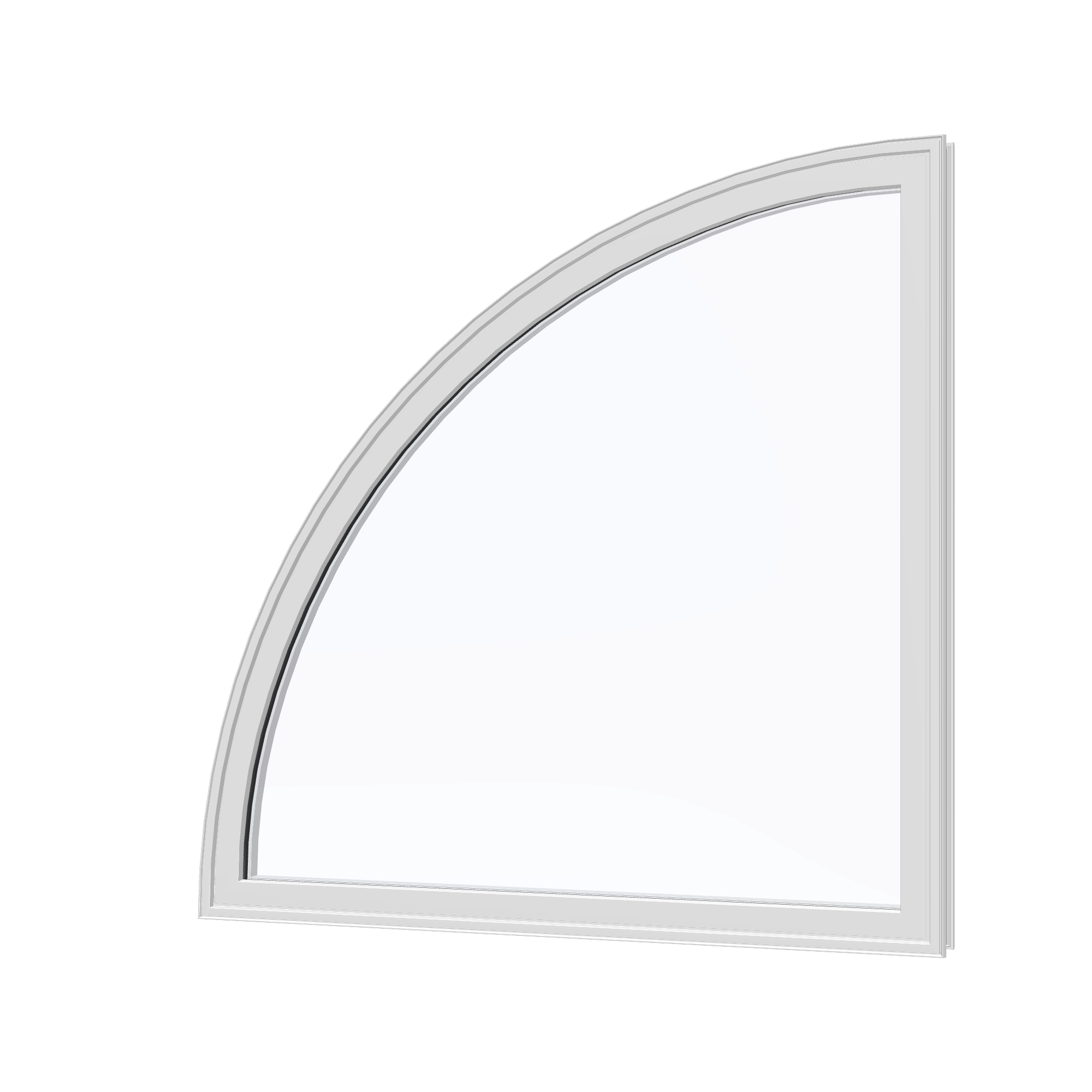Angled exterior view of the 36 × 36 inch quarter round (left), white exterior / white interior, without nailing flange