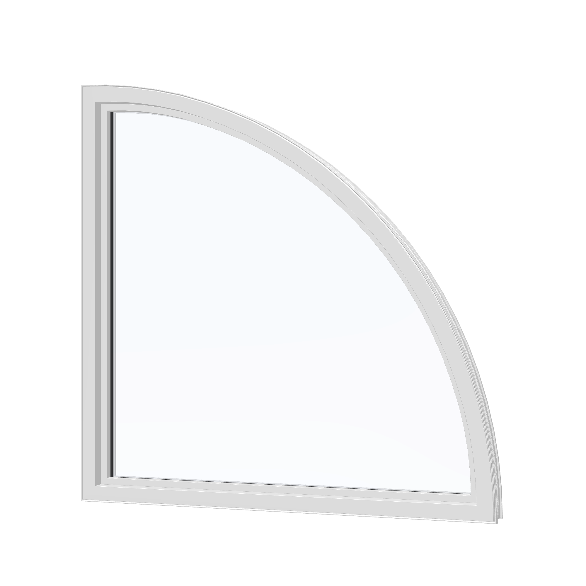 Angled interior view of the 36 × 36 inch quarter round (left), white exterior / white interior, without nailing flange