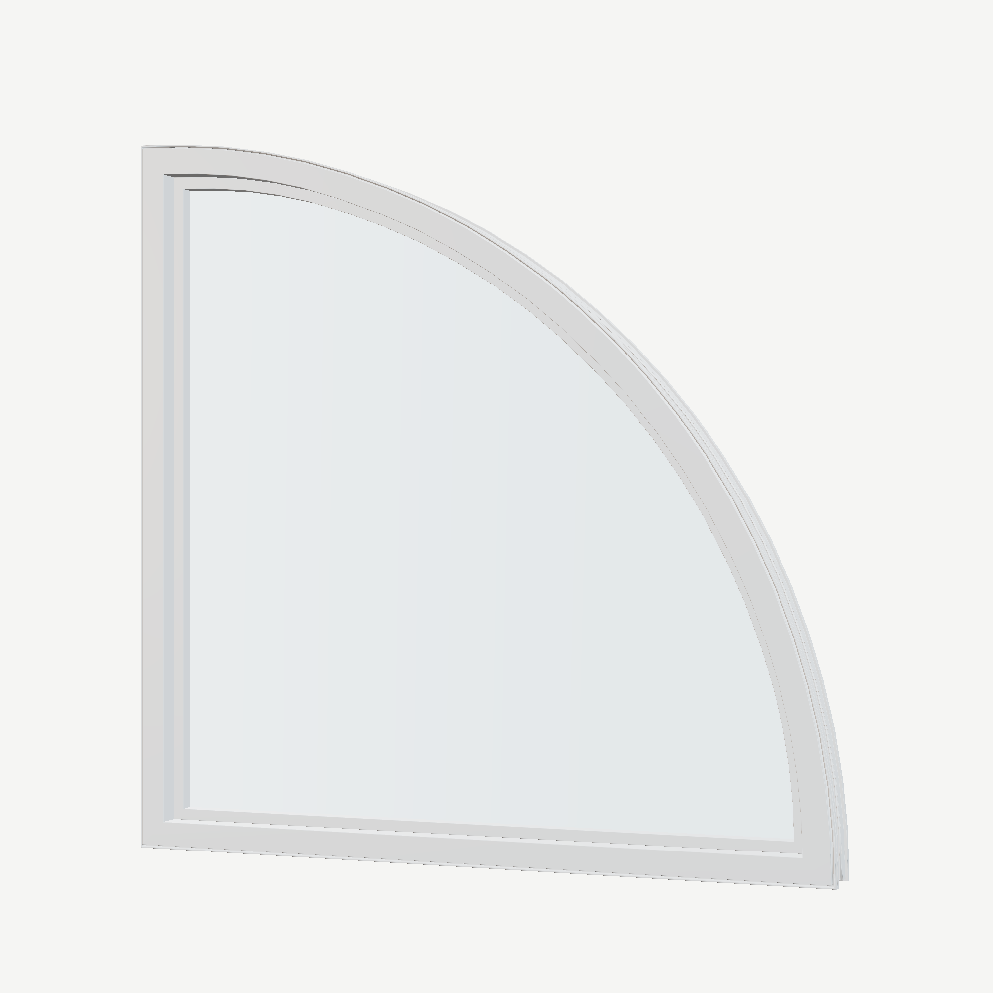 Angled interior view of the 36 × 36 inch quarter round (left), white exterior / white interior, without nailing flange