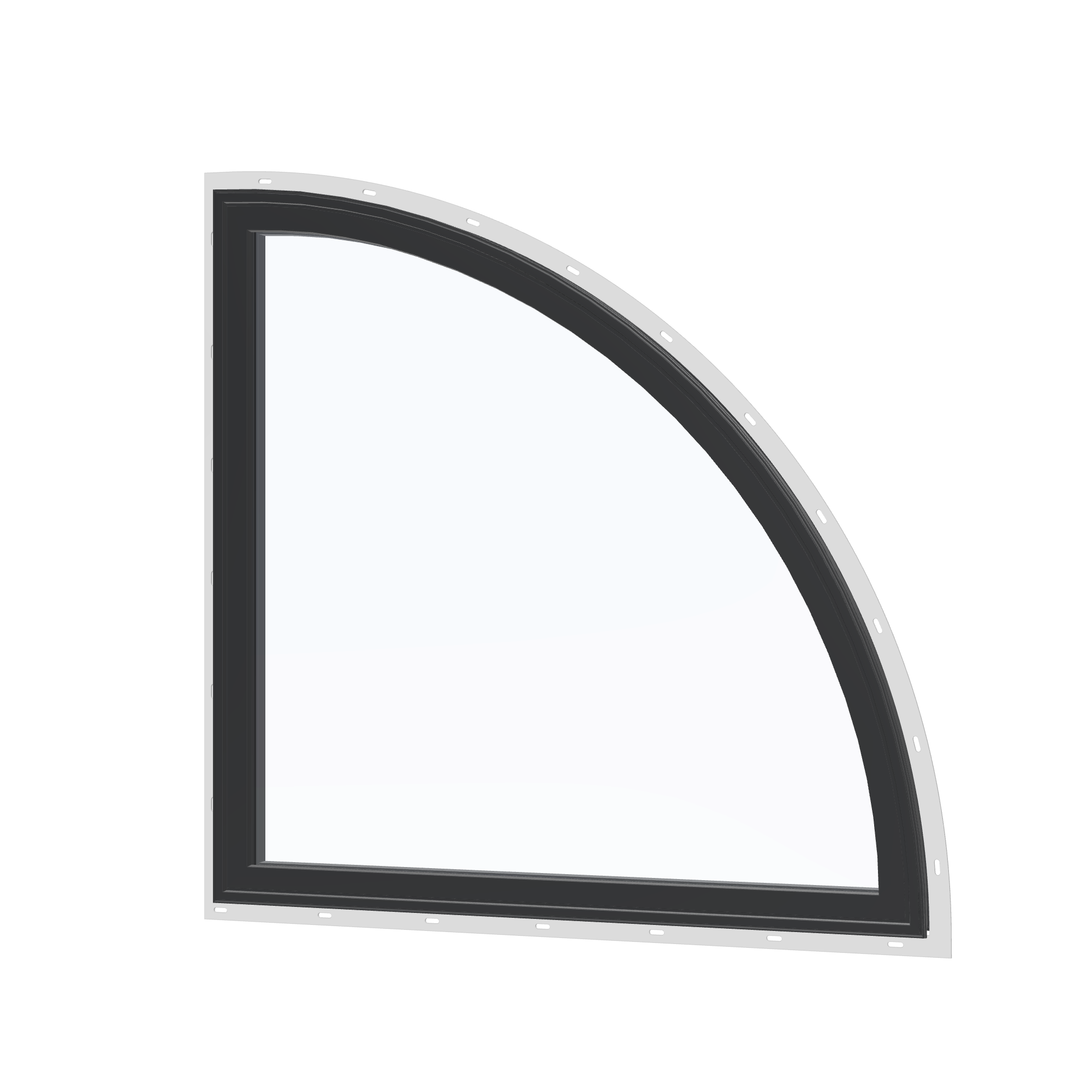 Angled exterior view of the 36 × 36 inch quarter round (right), black exterior / black interior, with nailing flange