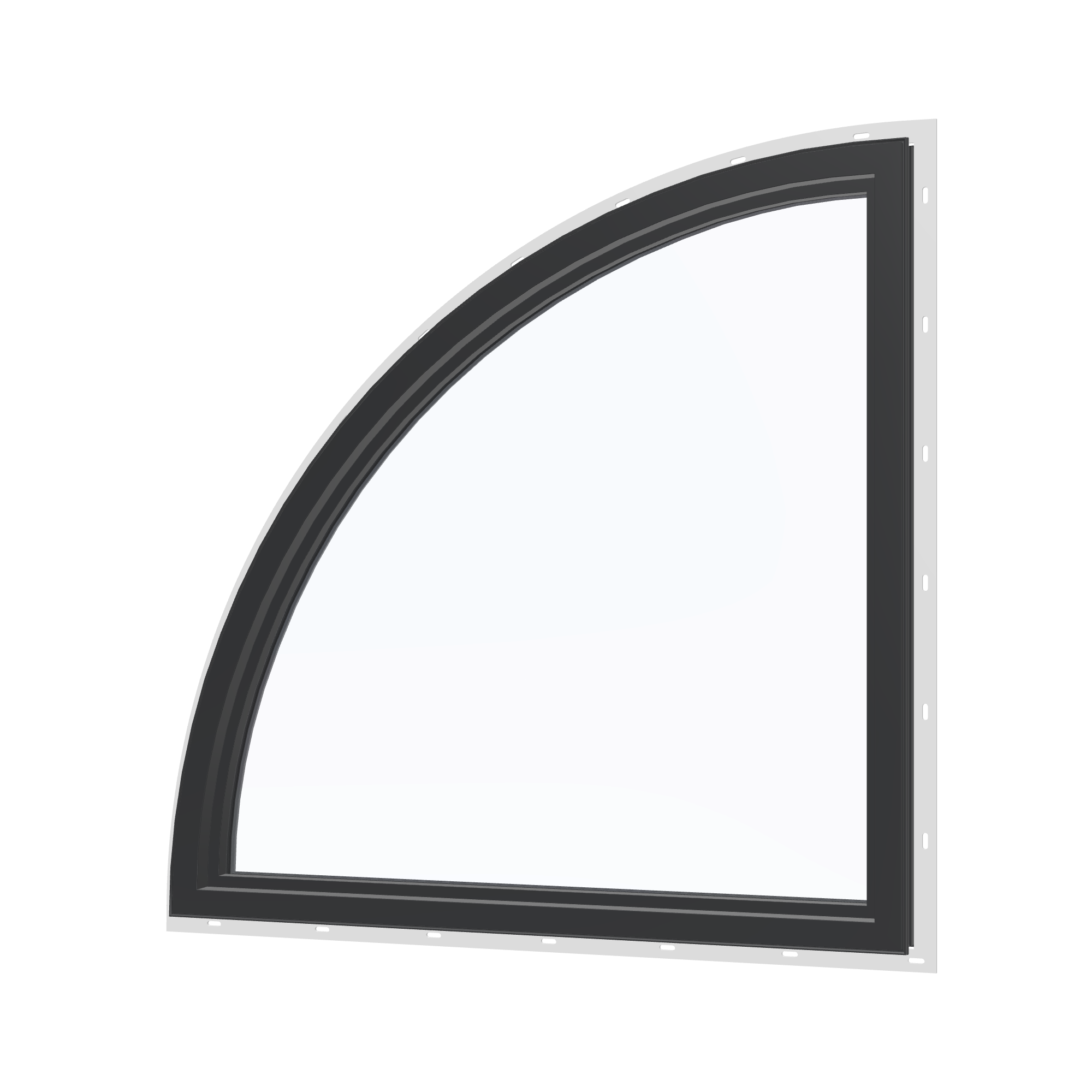Angled interior view of the 36 × 36 inch quarter round (right), black exterior / black interior, with nailing flange