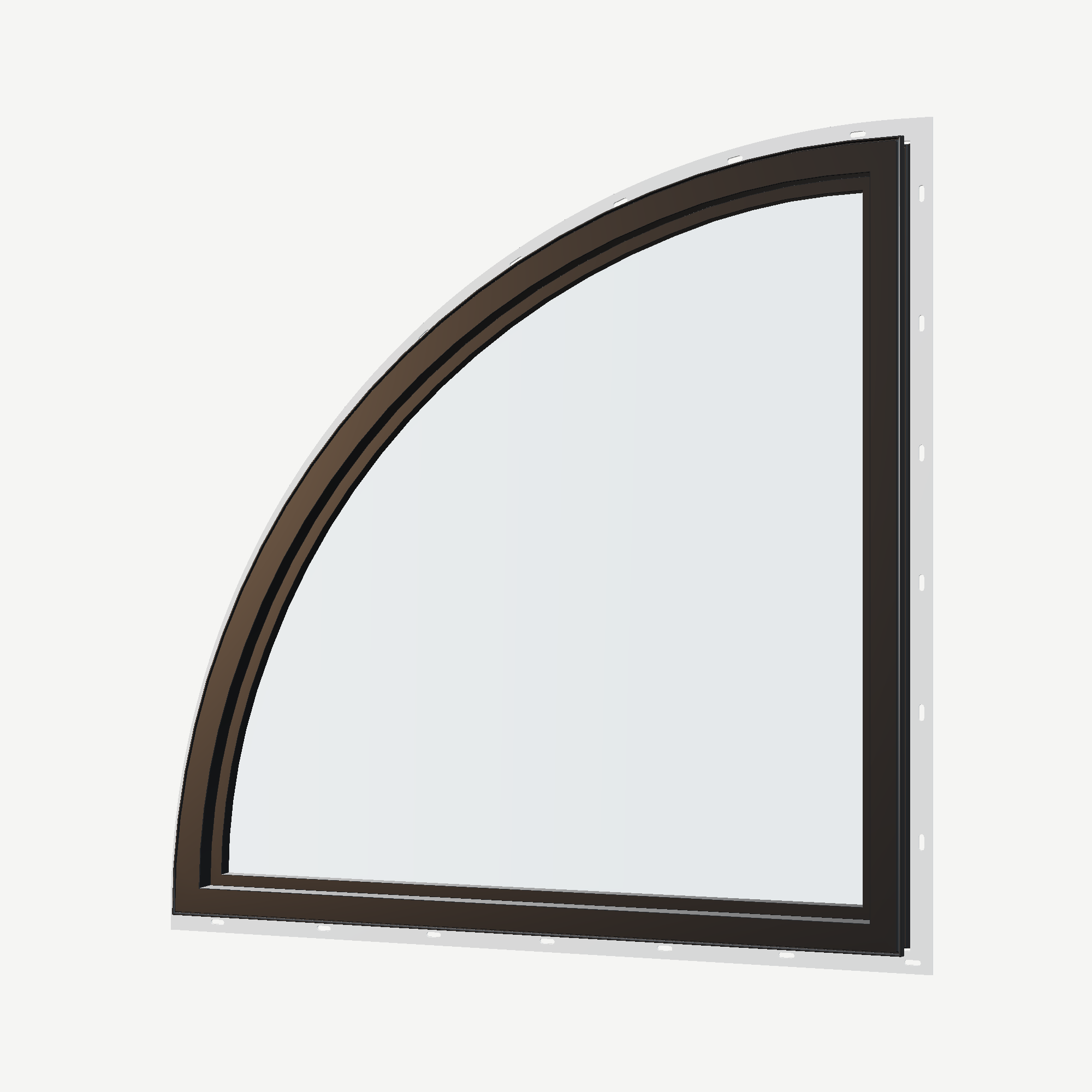 Angled interior view of the 36 × 36 inch quarter round (right), black exterior / black interior, with nailing flange