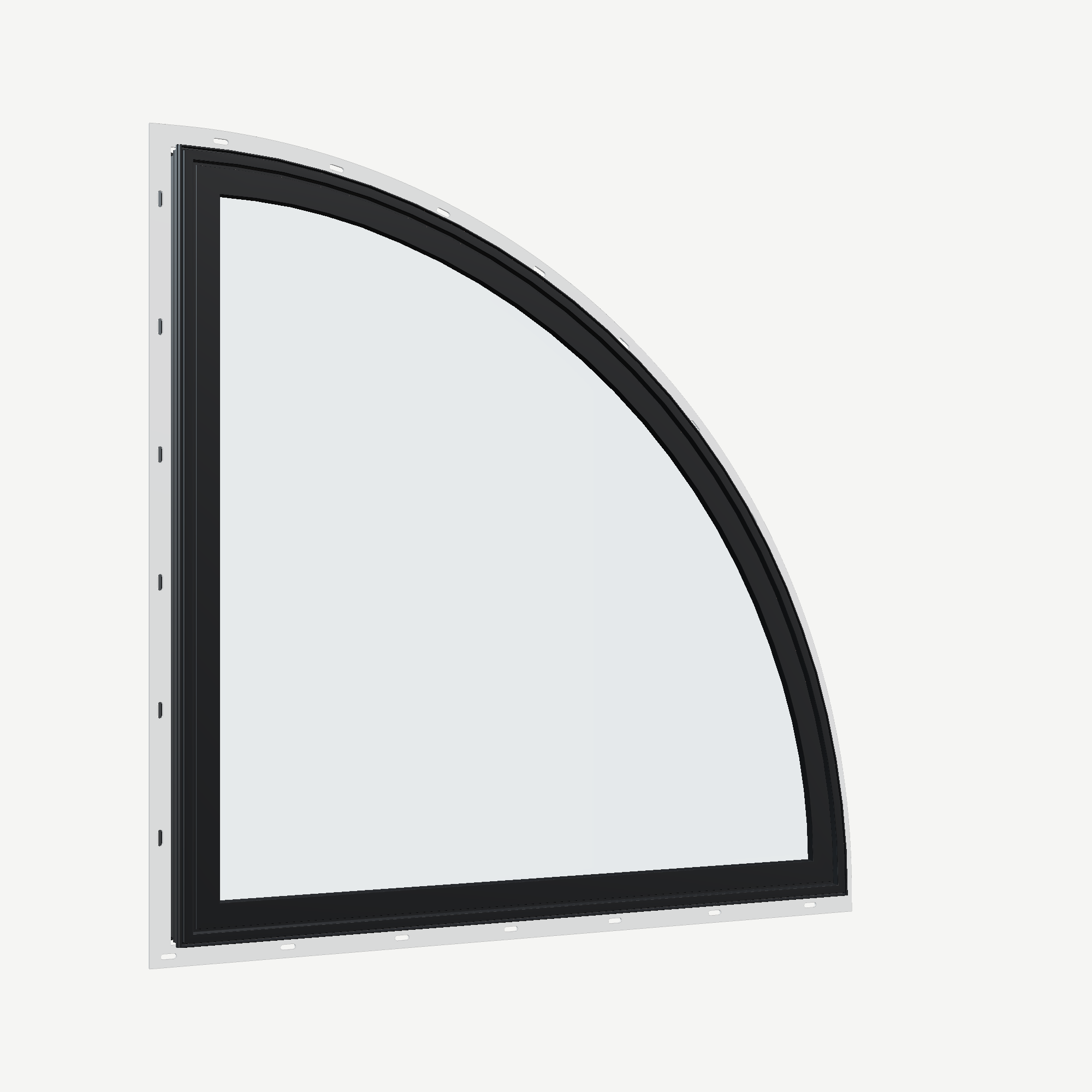 Opposite exterior angle of the 36 × 36 inch quarter round (right), black exterior / black interior, with nailing flange