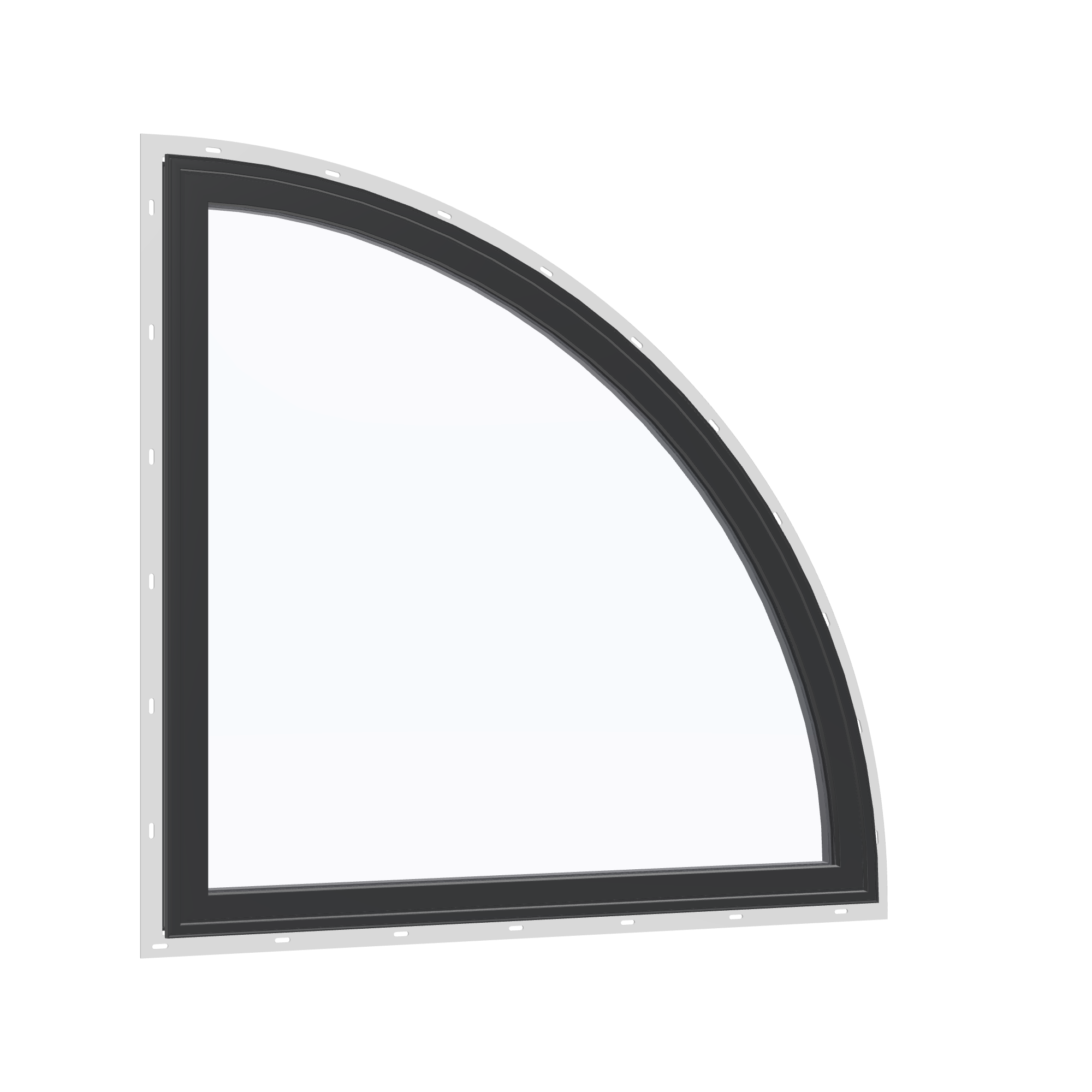 Opposite exterior angle of the 36 × 36 inch quarter round (right), black exterior / black interior, with nailing flange