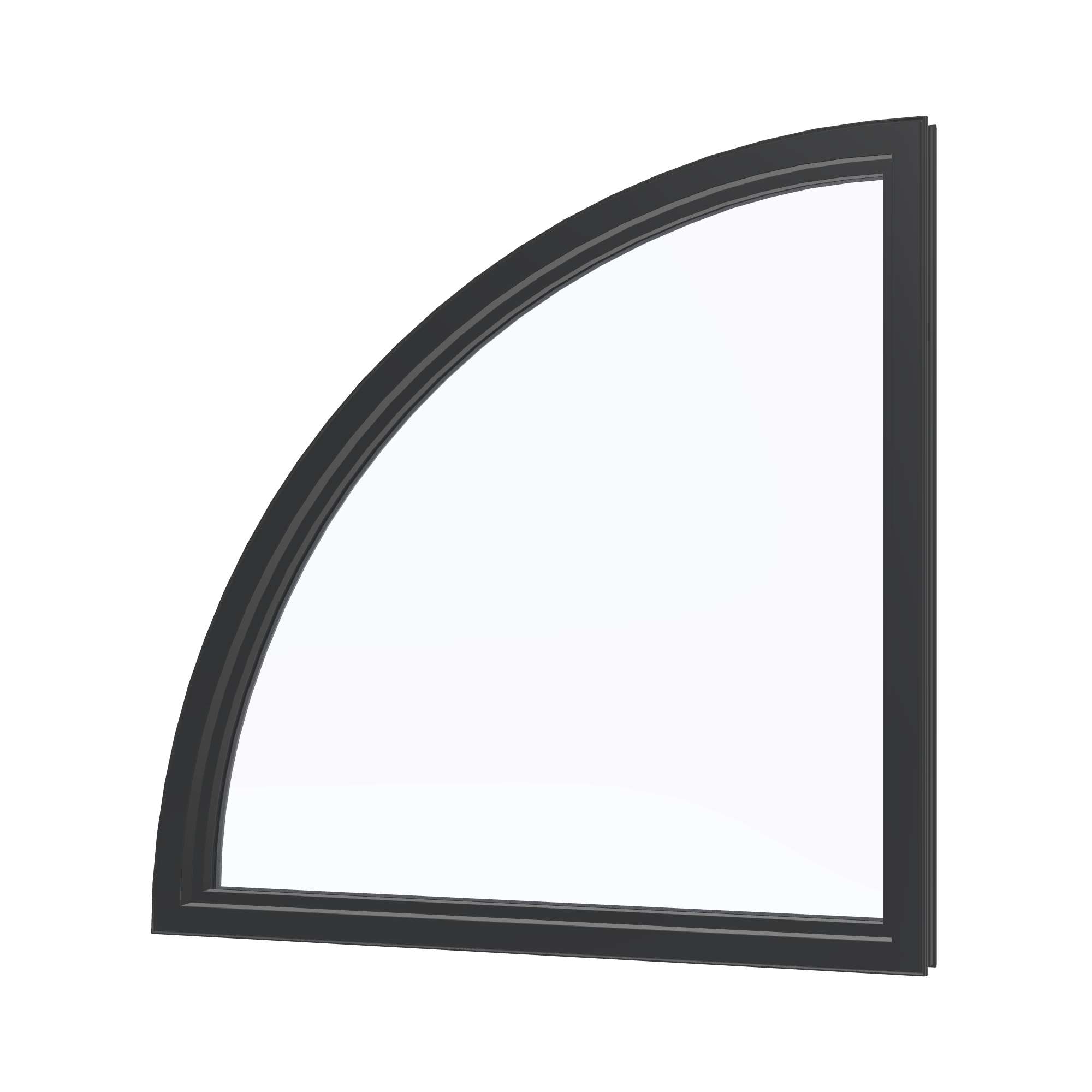 Angled interior view of the 36 × 36 inch quarter round (right), black exterior / black interior, without nailing flange