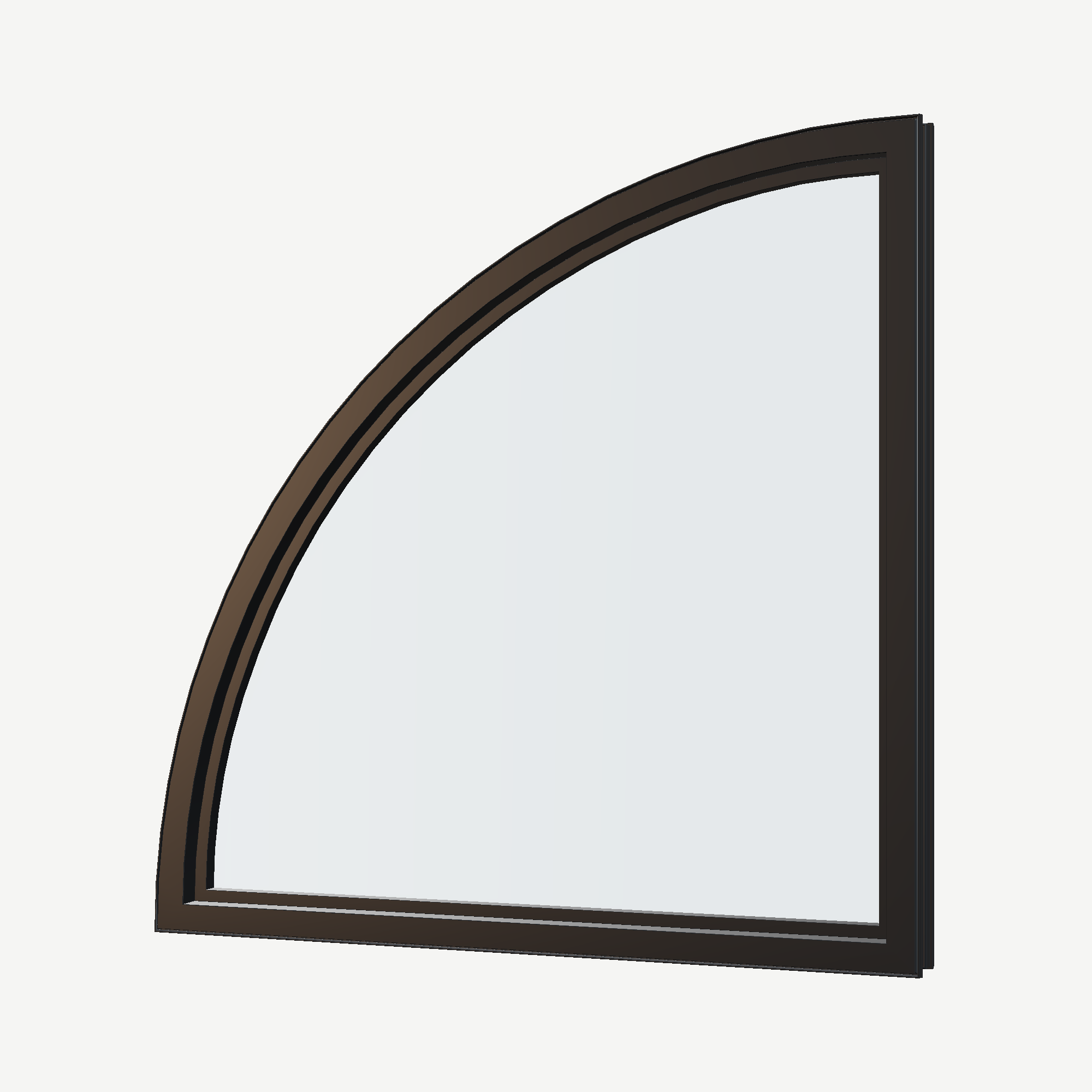 Angled interior view of the 36 × 36 inch quarter round (right), black exterior / black interior, without nailing flange