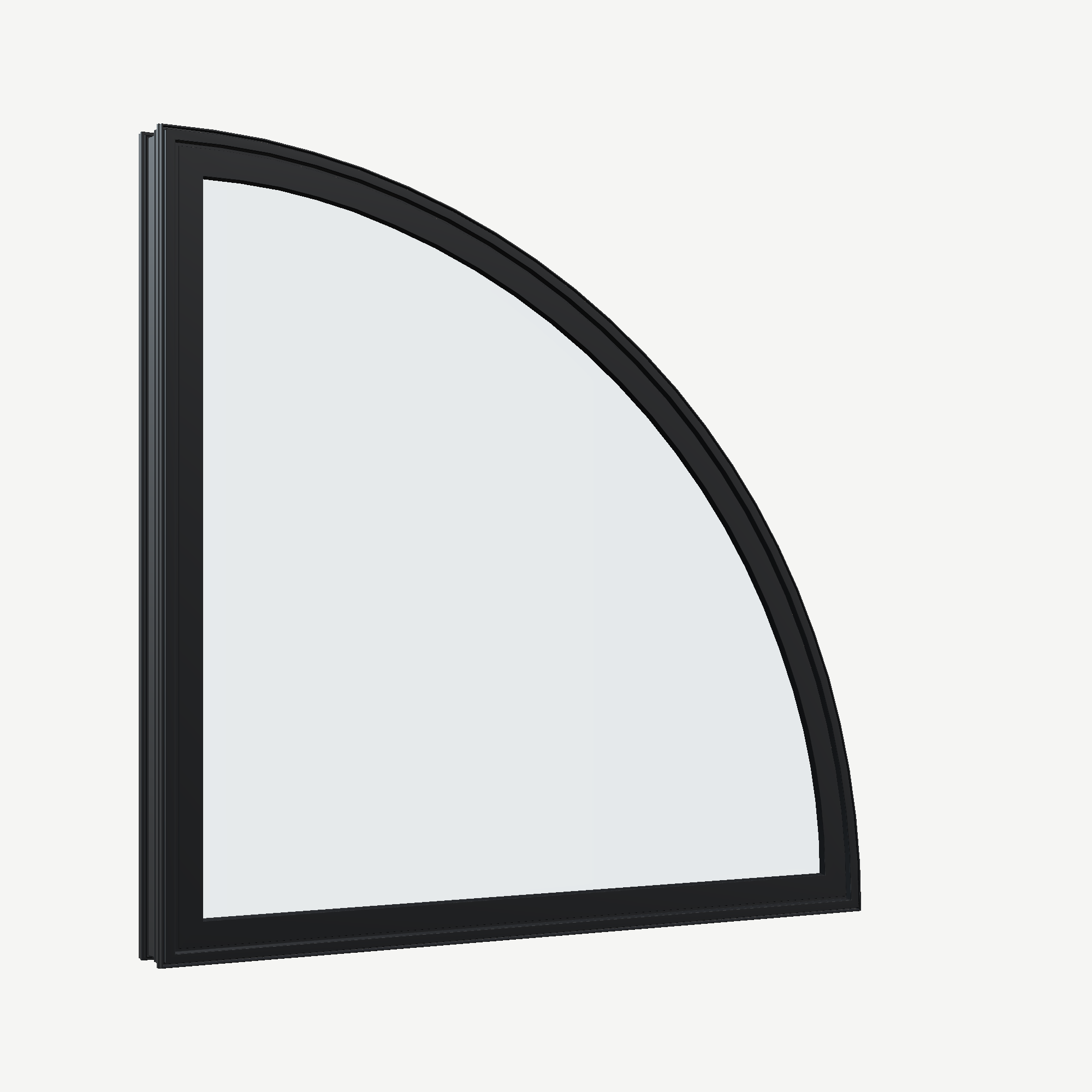 Opposite exterior angle of the 36 × 36 inch quarter round (right), black exterior / black interior, without nailing flange