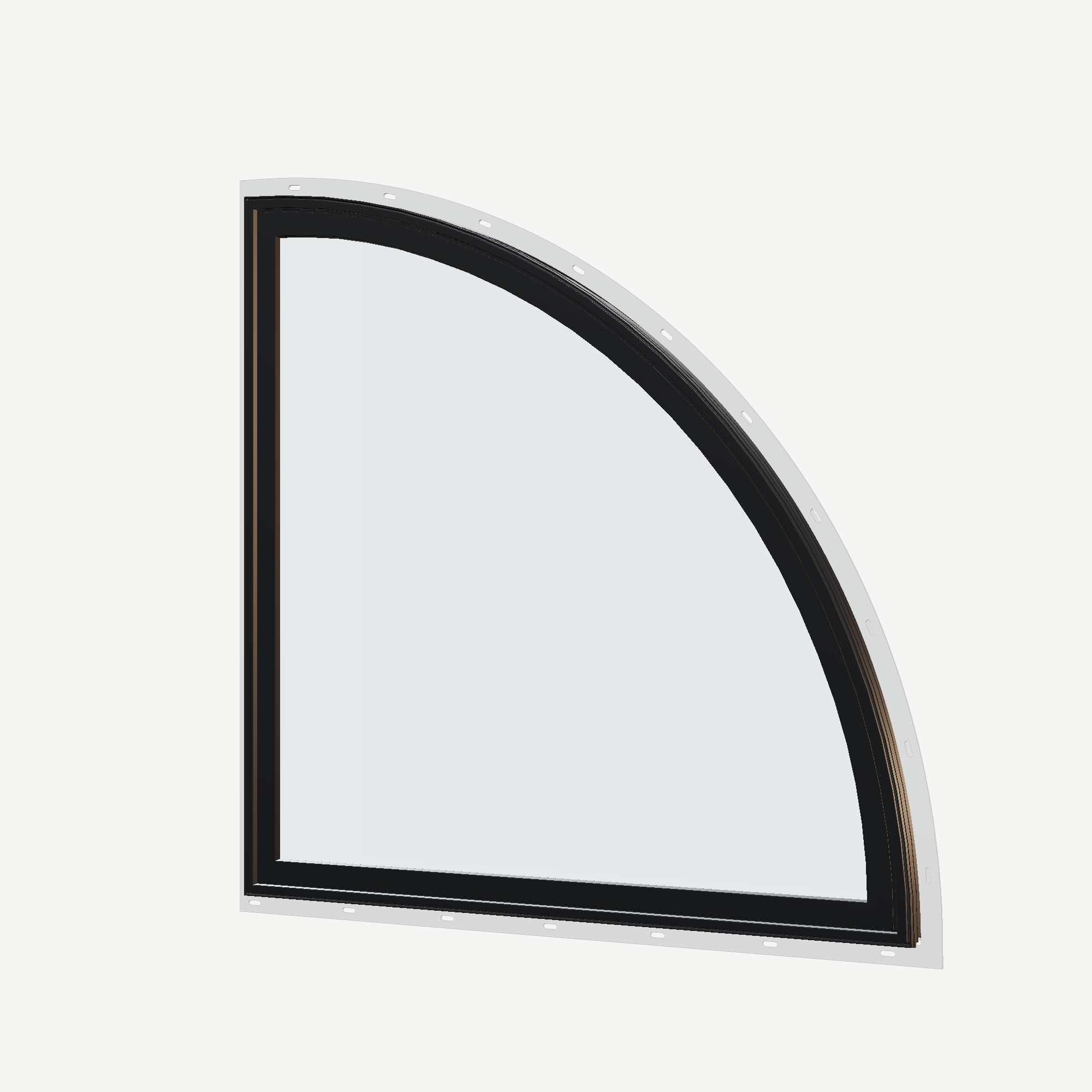Angled exterior view of the 36 × 36 inch quarter round (right), black exterior / white interior, with nailing flange