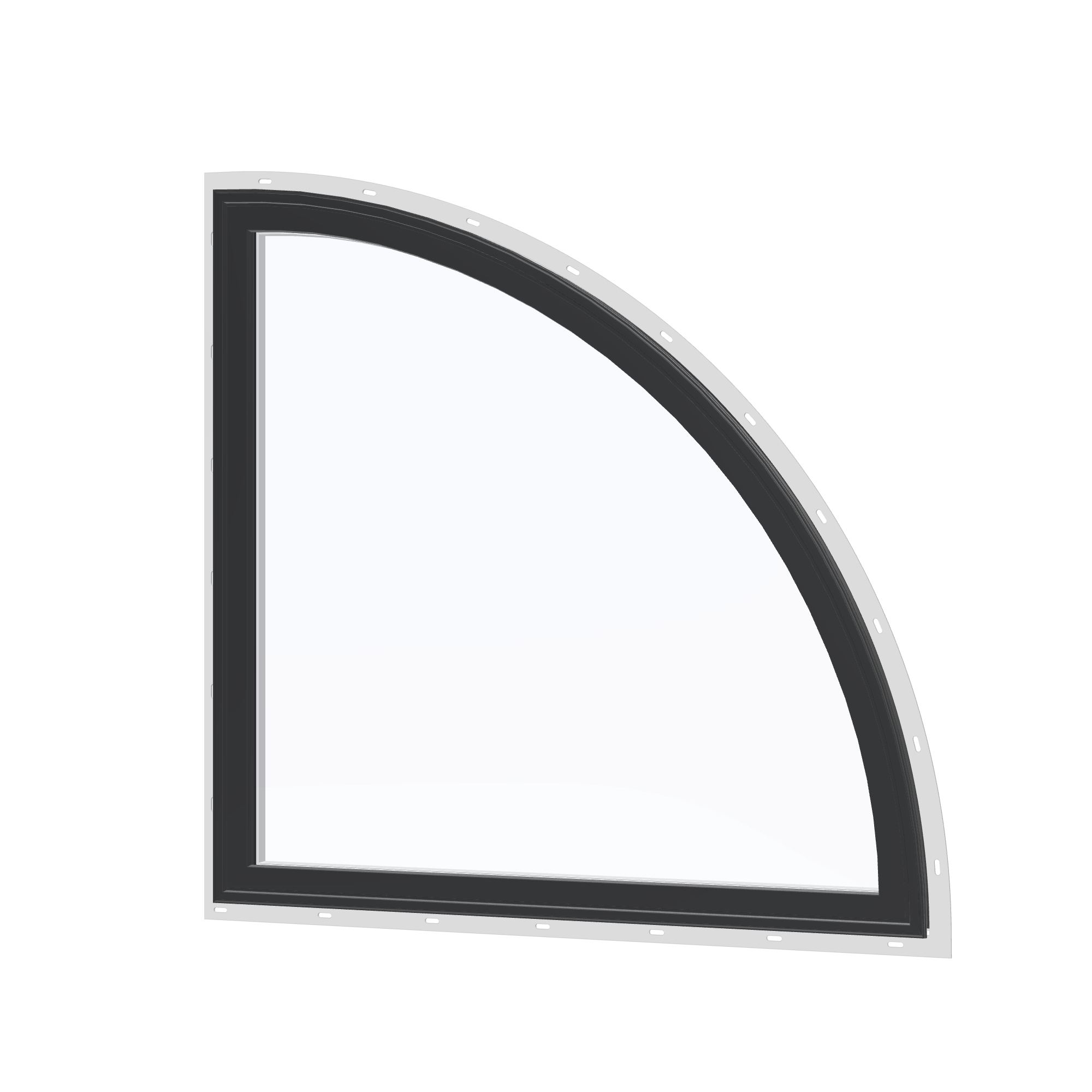 Angled exterior view of the 36 × 36 inch quarter round (right), black exterior / white interior, with nailing flange