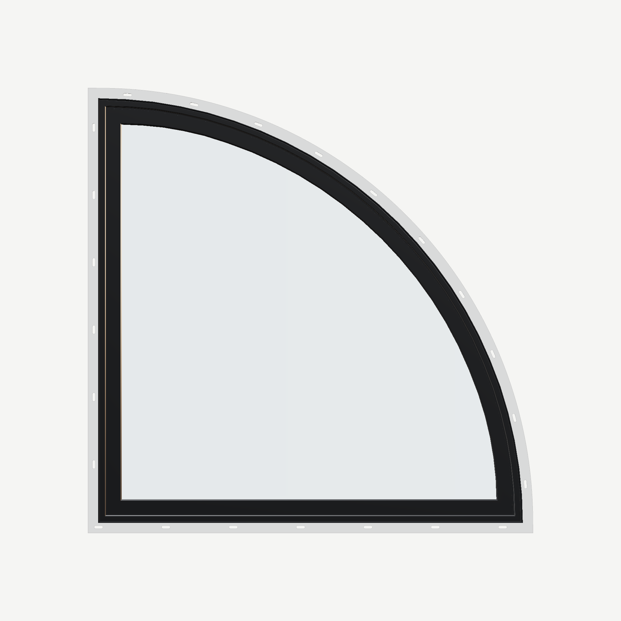 Straight exterior view of the 36 × 36 inch quarter round (right), black exterior / white interior, with nailing flange