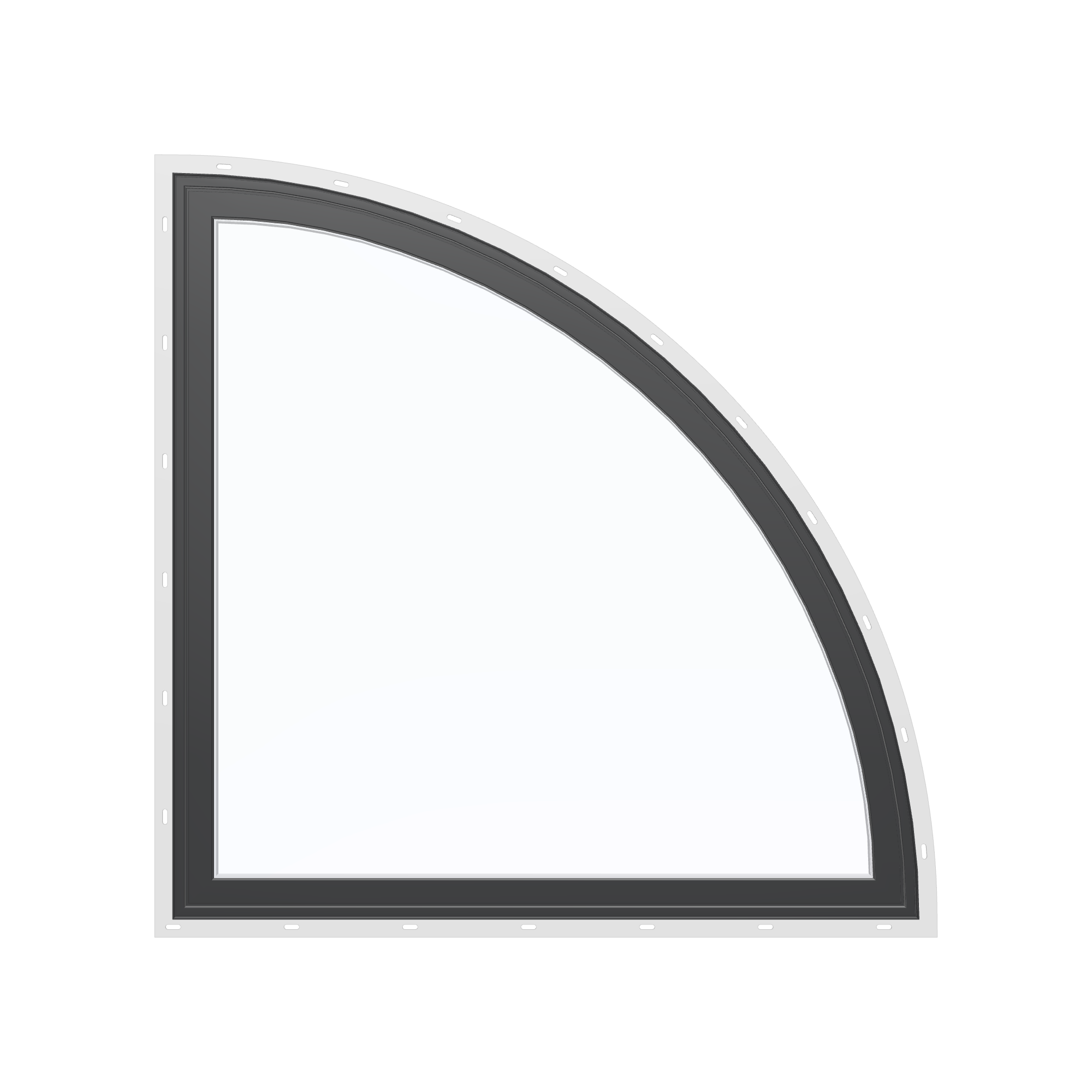 Straight exterior view of the 36 × 36 inch quarter round (right), black exterior / white interior, with nailing flange