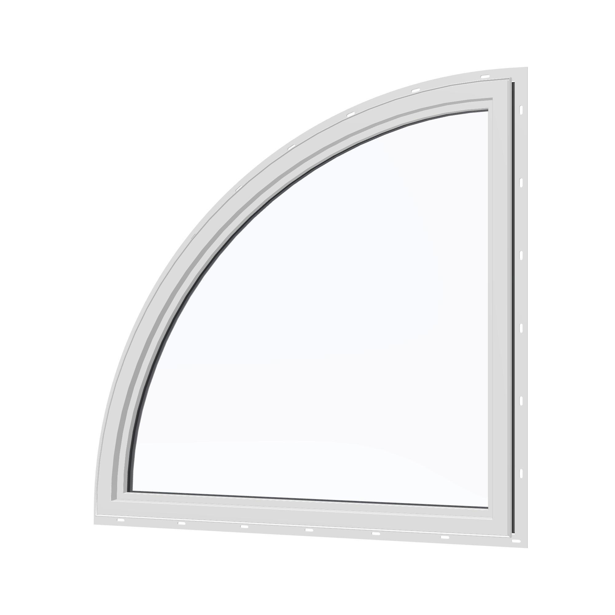 Angled interior view of the 36 × 36 inch quarter round (right), black exterior / white interior, with nailing flange