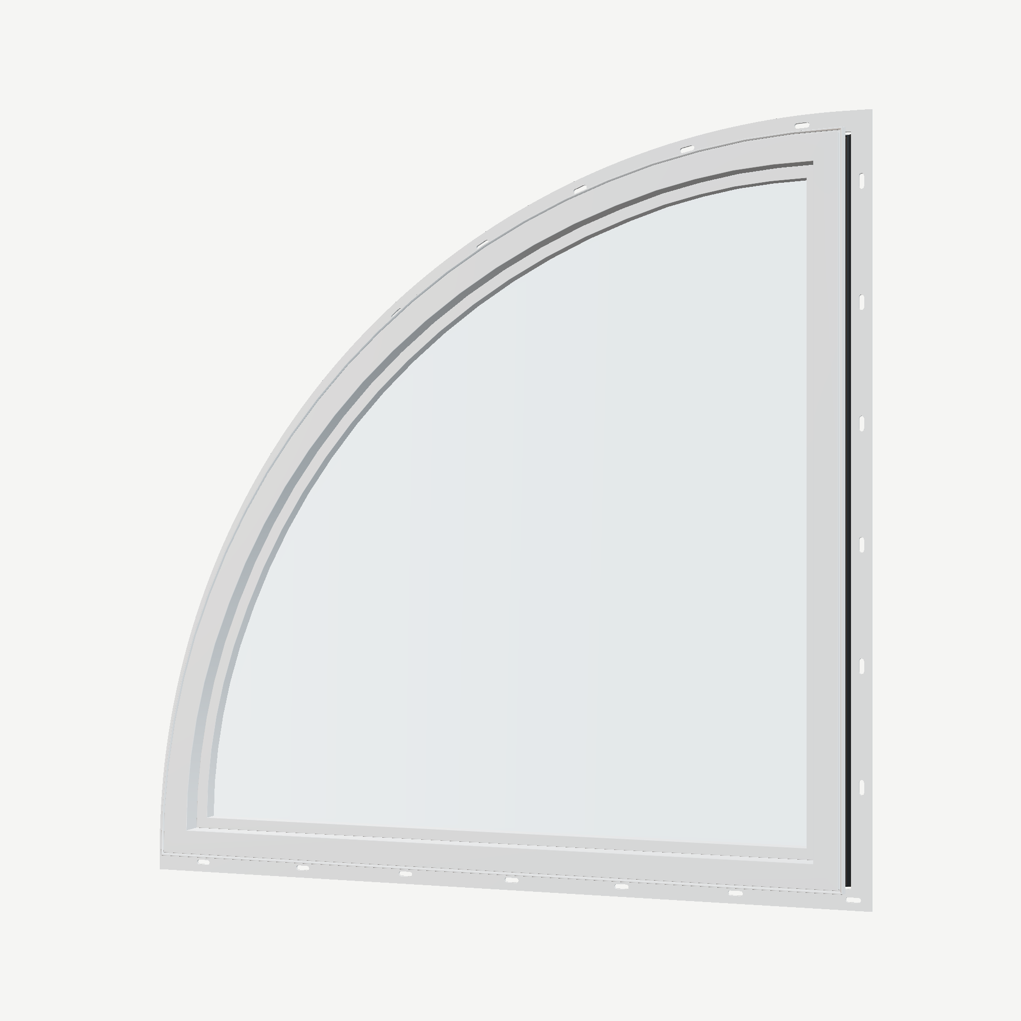 Angled interior view of the 36 × 36 inch quarter round (right), black exterior / white interior, with nailing flange