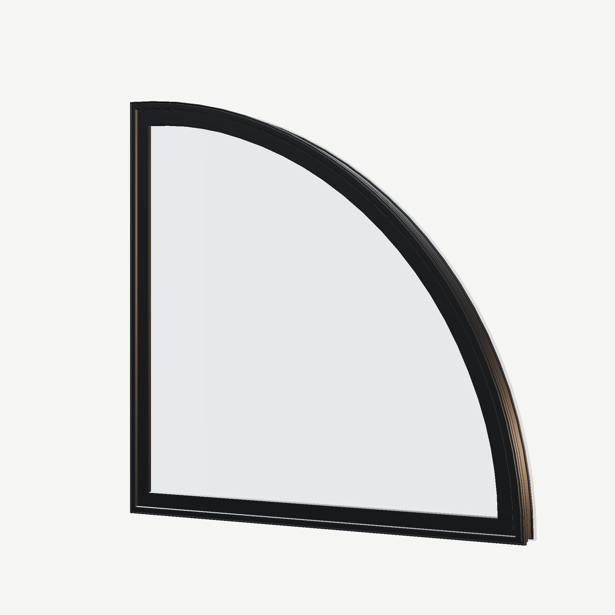 Angled exterior view of the 36 × 36 inch quarter round (right), black exterior / white interior, without nailing flange