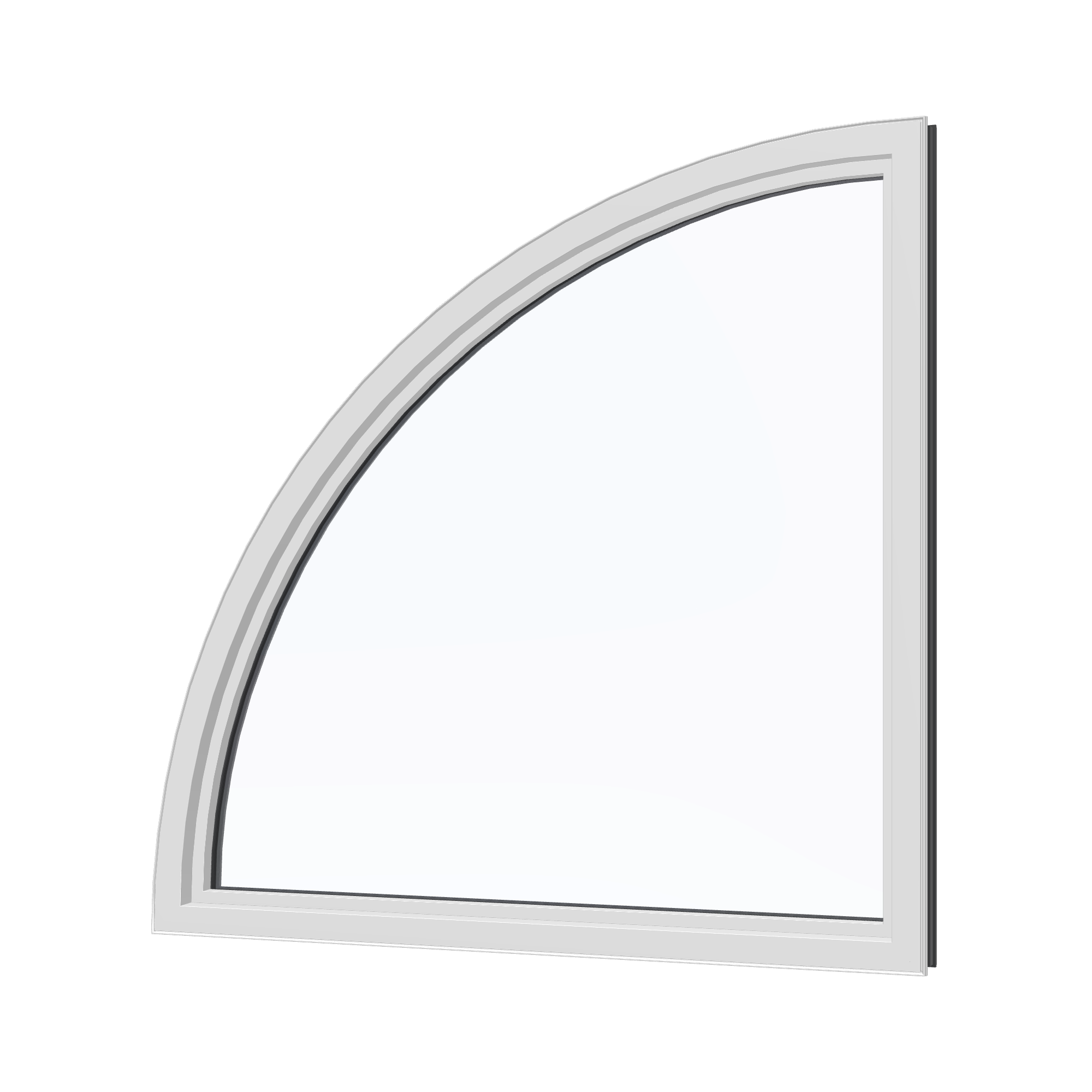 Angled interior view of the 36 × 36 inch quarter round (right), black exterior / white interior, without nailing flange