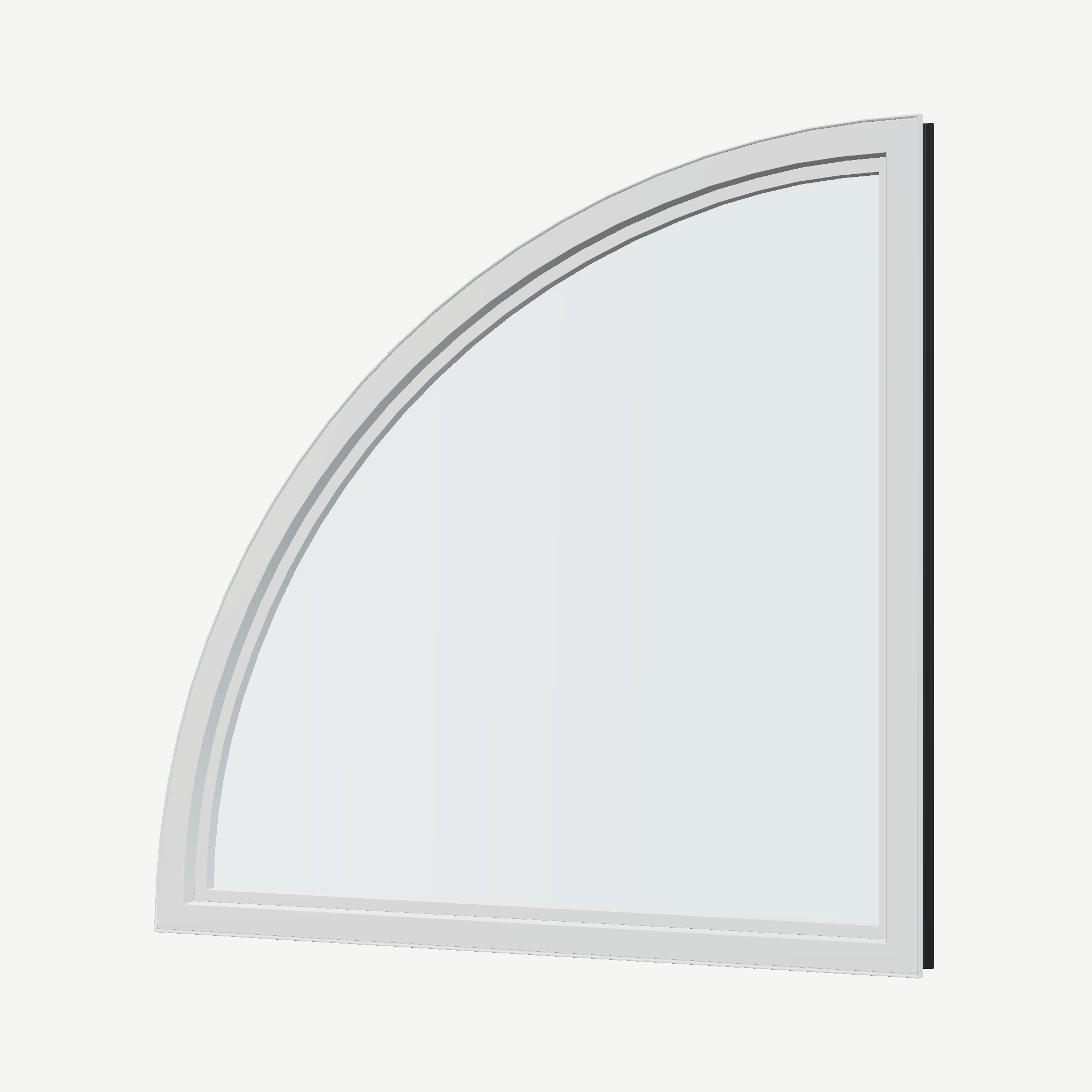 Angled interior view of the 36 × 36 inch quarter round (right), black exterior / white interior, without nailing flange