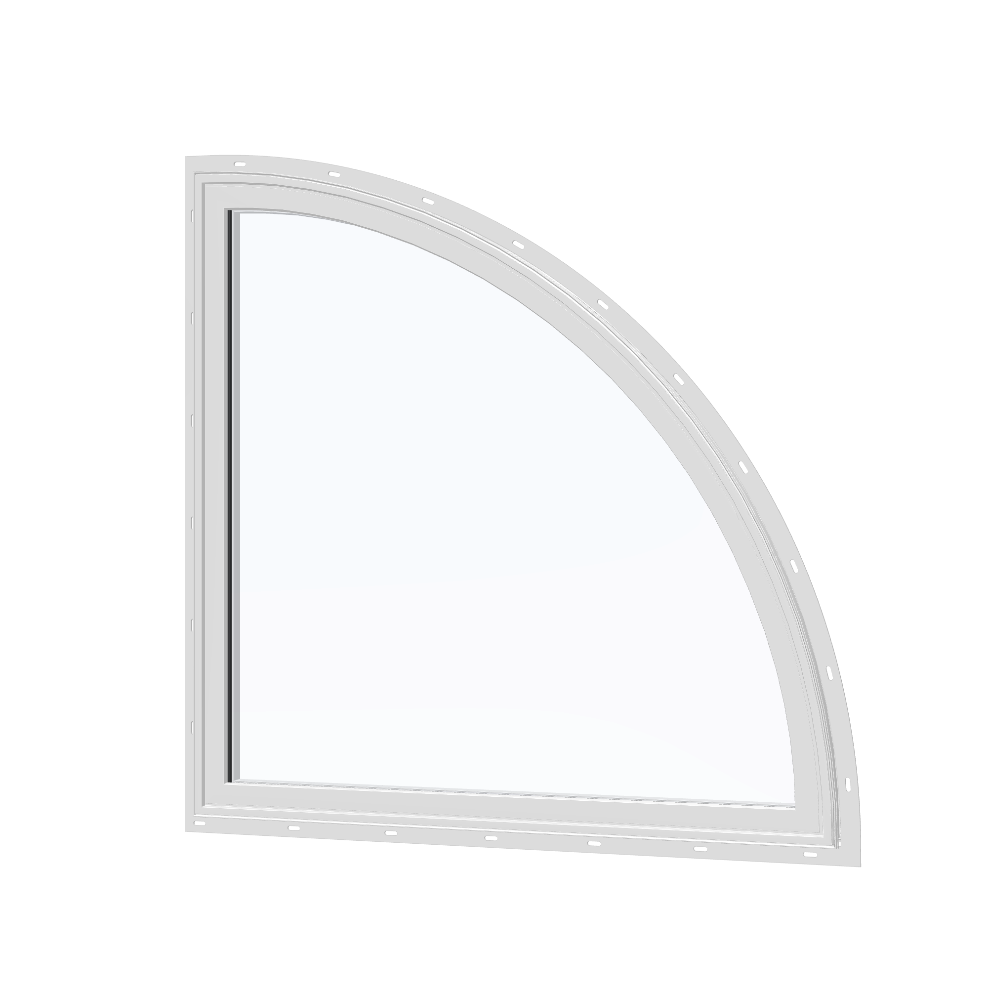 Angled exterior view of the 36 × 36 inch quarter round (right), white exterior / white interior, with nailing flange