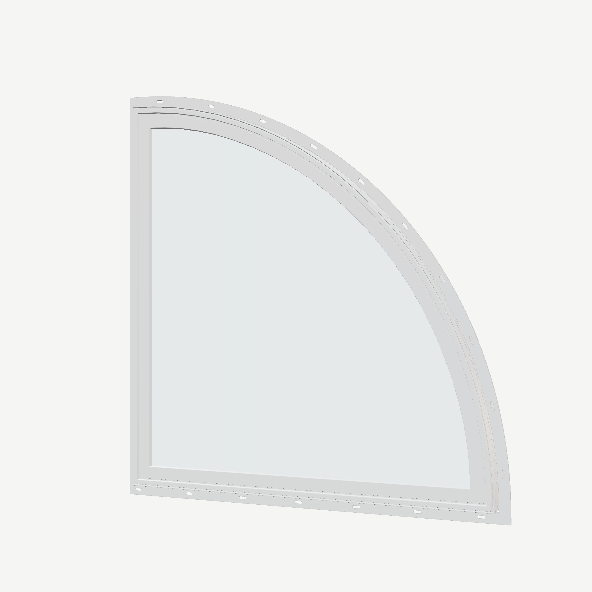 Angled exterior view of the 36 × 36 inch quarter round (right), white exterior / white interior, with nailing flange