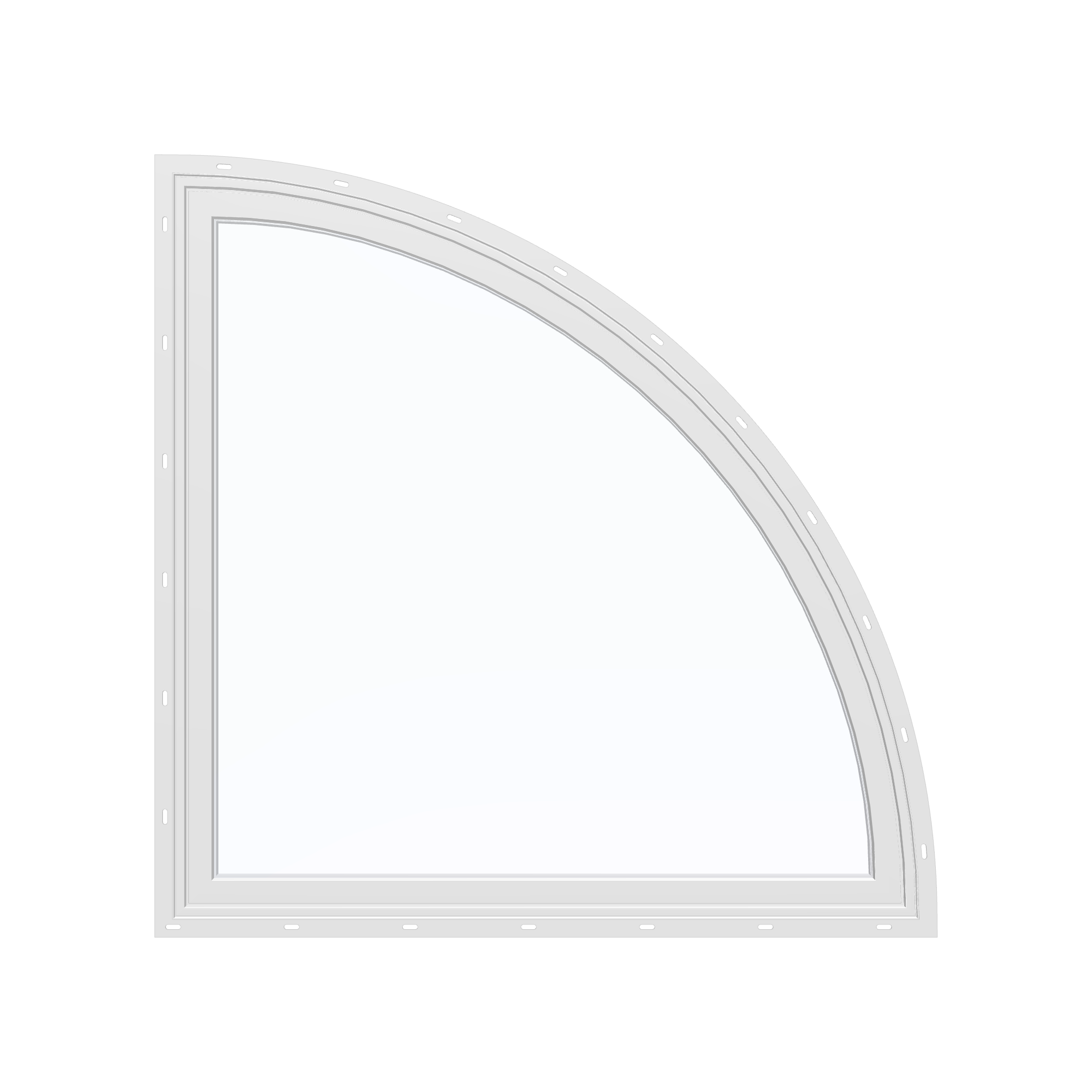 Straight exterior view of the 36 × 36 inch quarter round (right), white exterior / white interior, with nailing flange