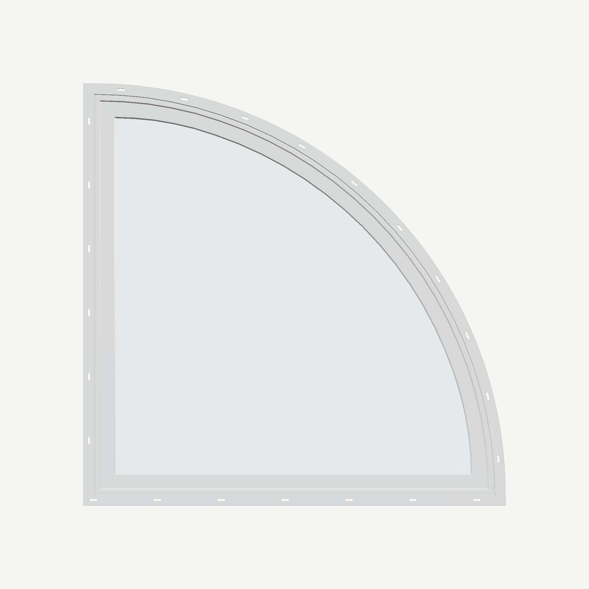 Straight exterior view of the 36 × 36 inch quarter round (right), white exterior / white interior, with nailing flange