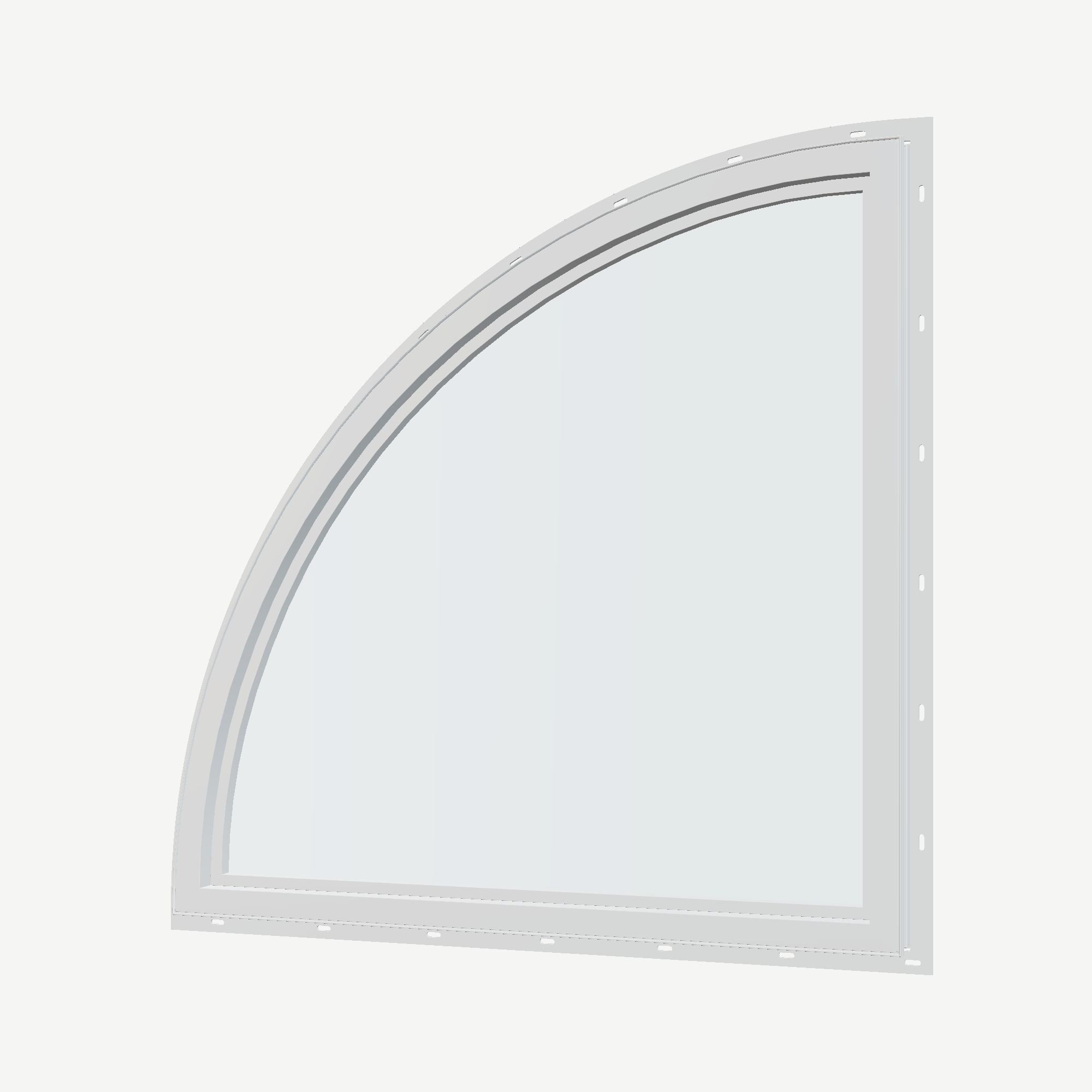 Angled interior view of the 36 × 36 inch quarter round (right), white exterior / white interior, with nailing flange