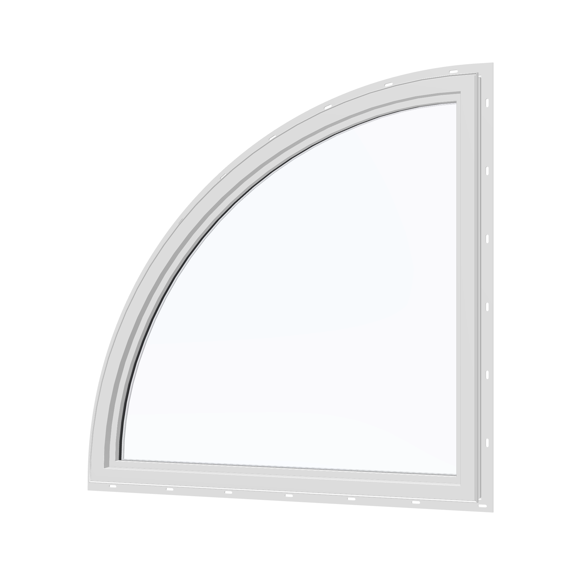 Angled interior view of the 36 × 36 inch quarter round (right), white exterior / white interior, with nailing flange