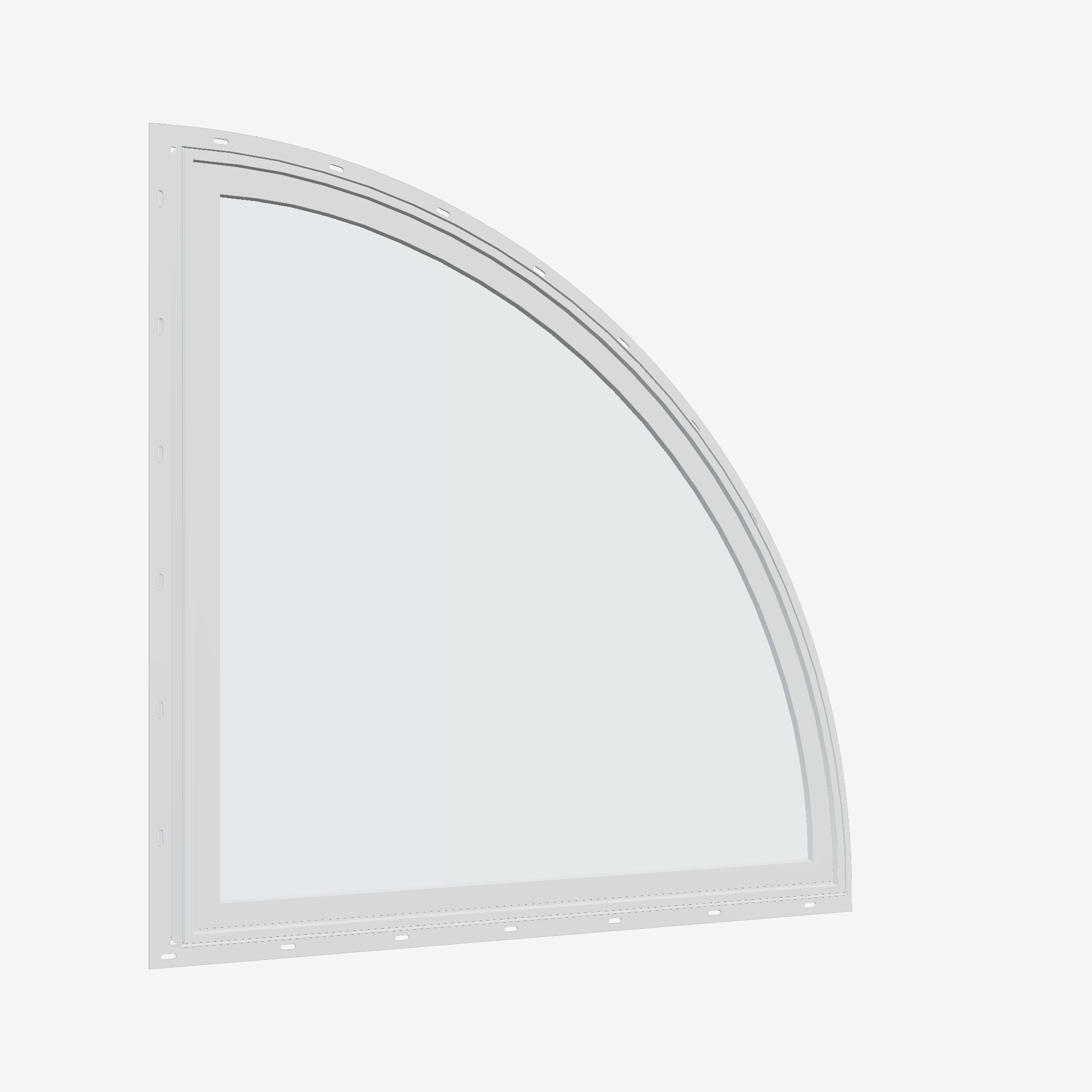 Opposite exterior angle of the 36 × 36 inch quarter round (right), white exterior / white interior, with nailing flange