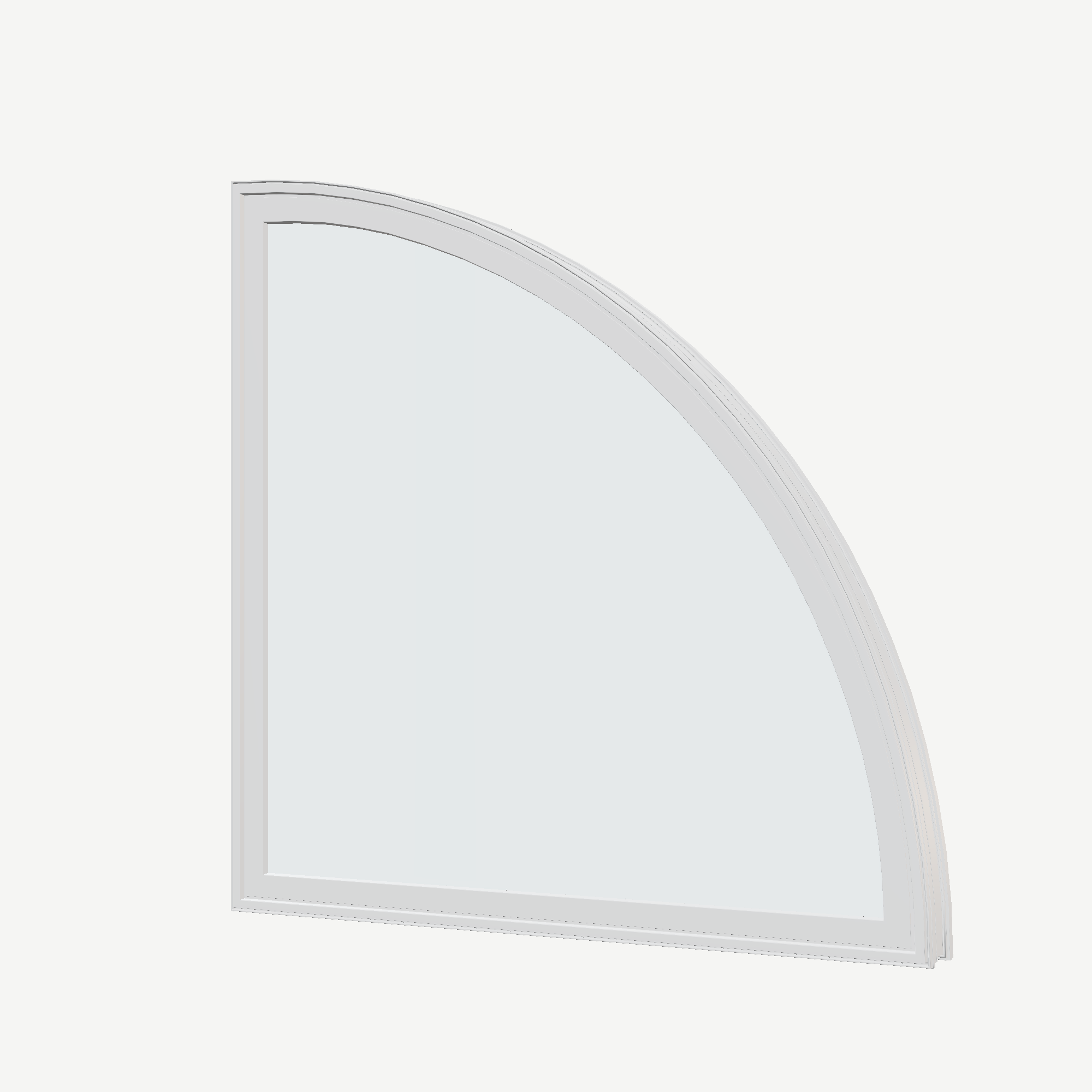 Angled exterior view of the 36 × 36 inch quarter round (right), white exterior / white interior, without nailing flange