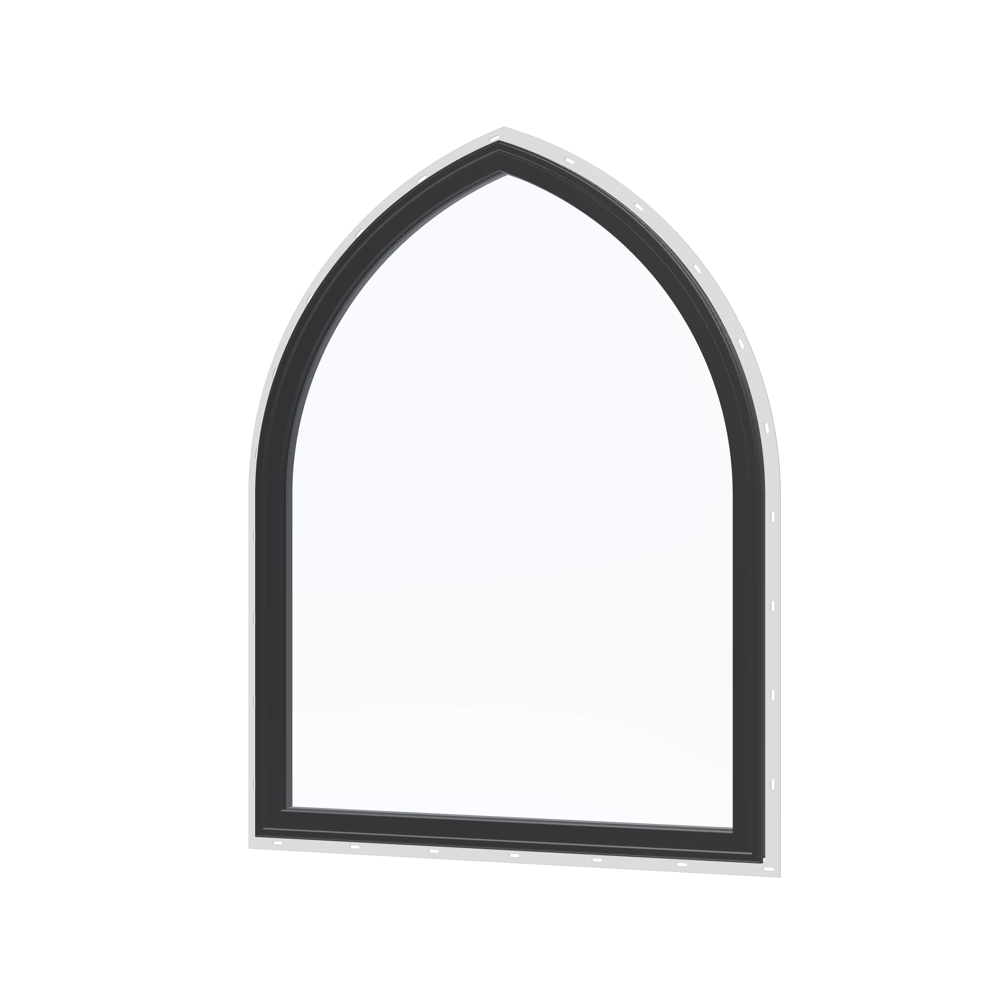 Angled exterior view of the 36 × 48 inch raised gothic, black exterior / black interior, with nailing flange