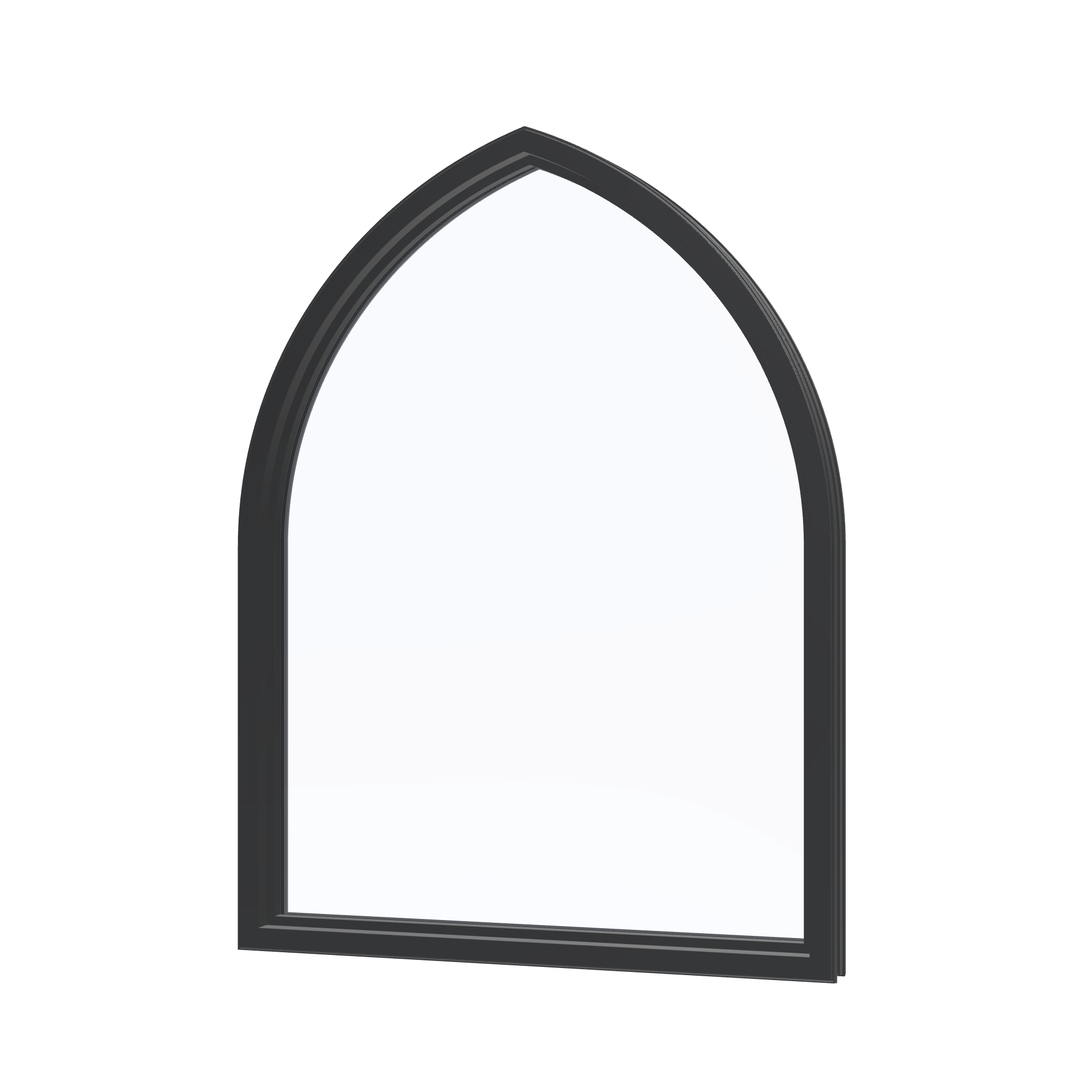 Angled interior view of the 36 × 48 inch raised gothic, black exterior / black interior, without nailing flange