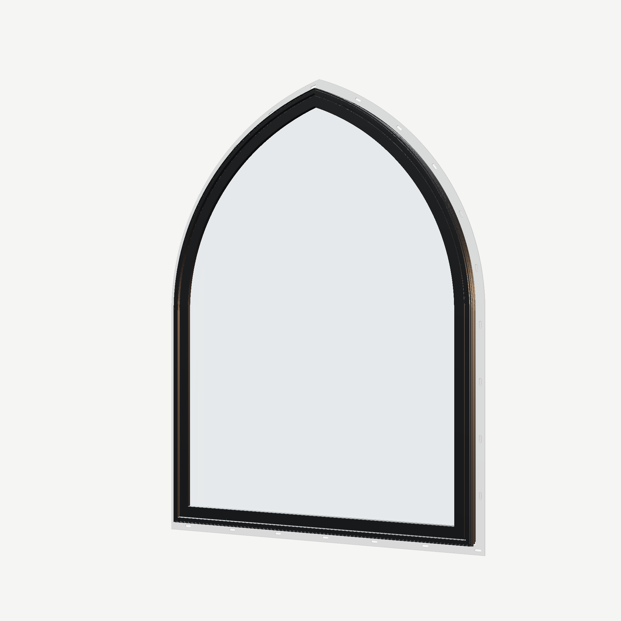 Angled exterior view of the 36 × 48 inch raised gothic, black exterior / white interior, with nailing flange