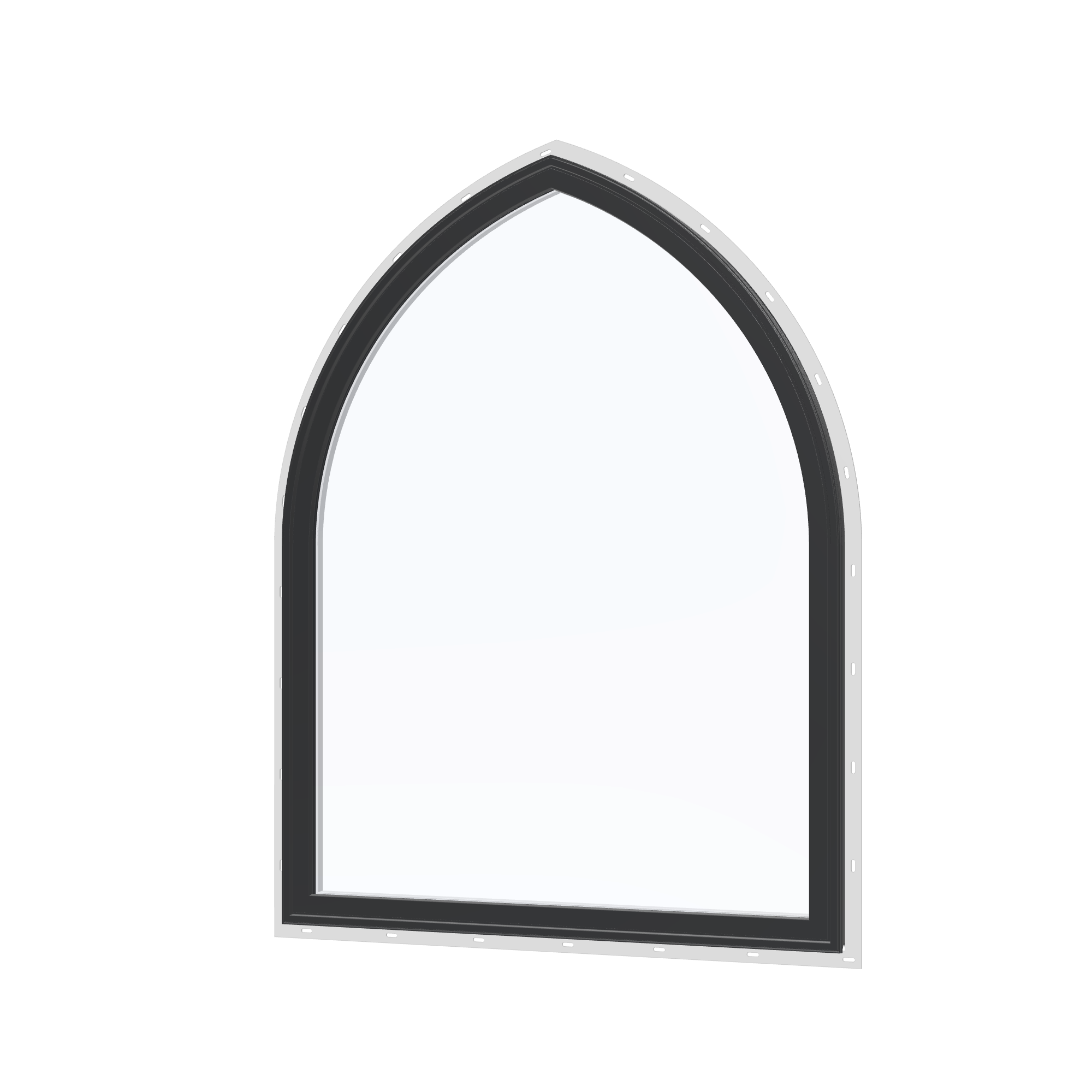 Angled exterior view of the 36 × 48 inch raised gothic, black exterior / white interior, with nailing flange