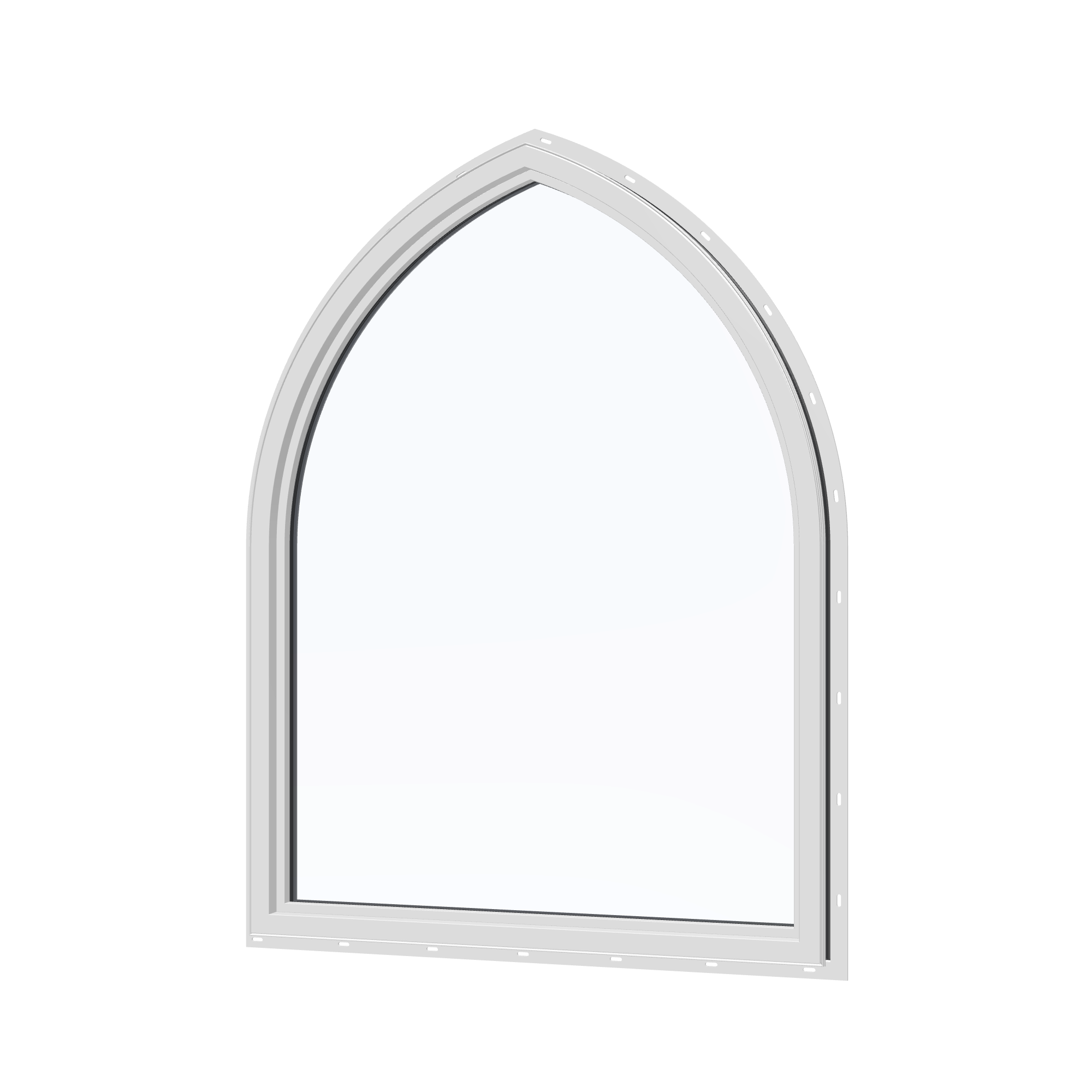 Angled interior view of the 36 × 48 inch raised gothic, black exterior / white interior, with nailing flange