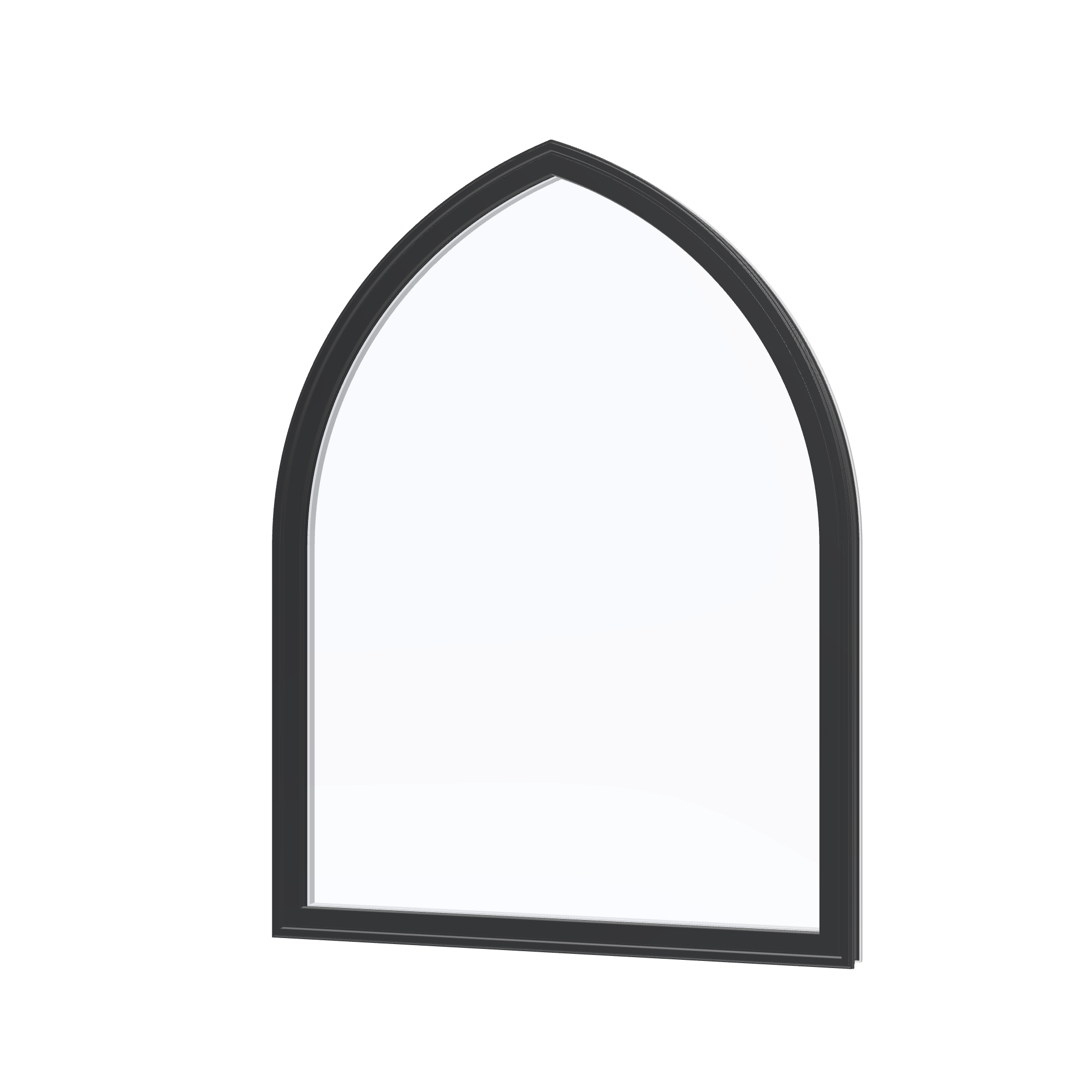 Angled exterior view of the 36 × 48 inch raised gothic, black exterior / white interior, without nailing flange