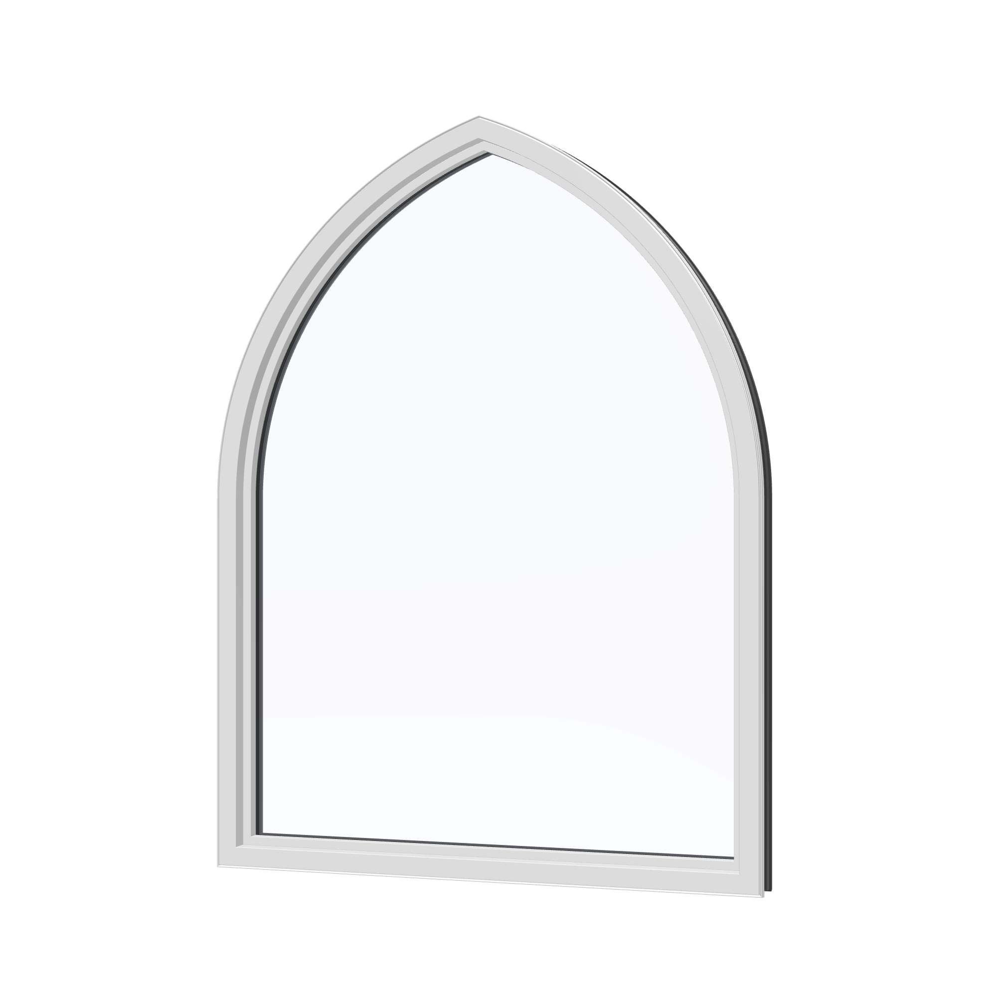 Angled interior view of the 36 × 48 inch raised gothic, black exterior / white interior, without nailing flange