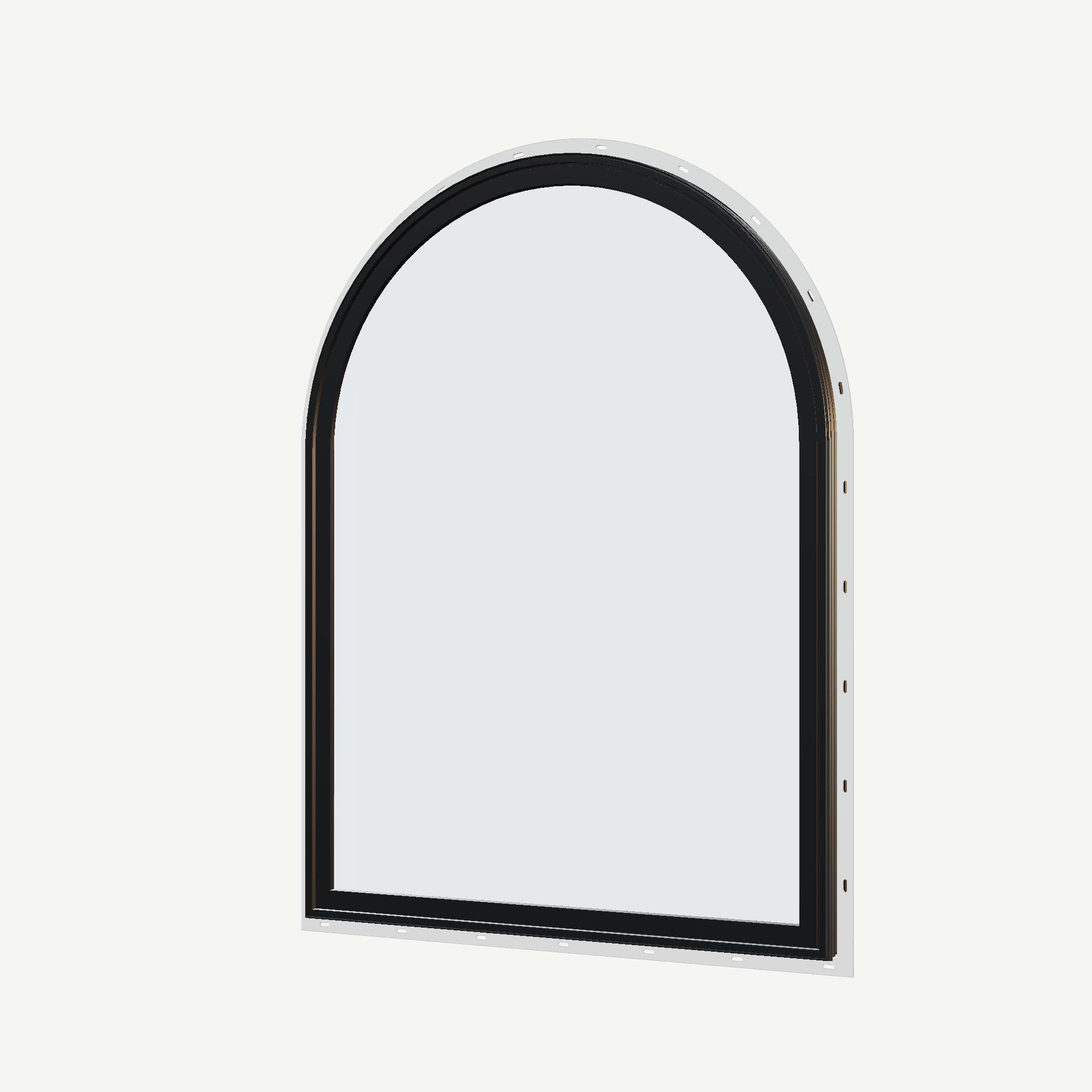 Angled exterior view of the 36 × 48 inch raised half round, black exterior / black interior, with nailing flange
