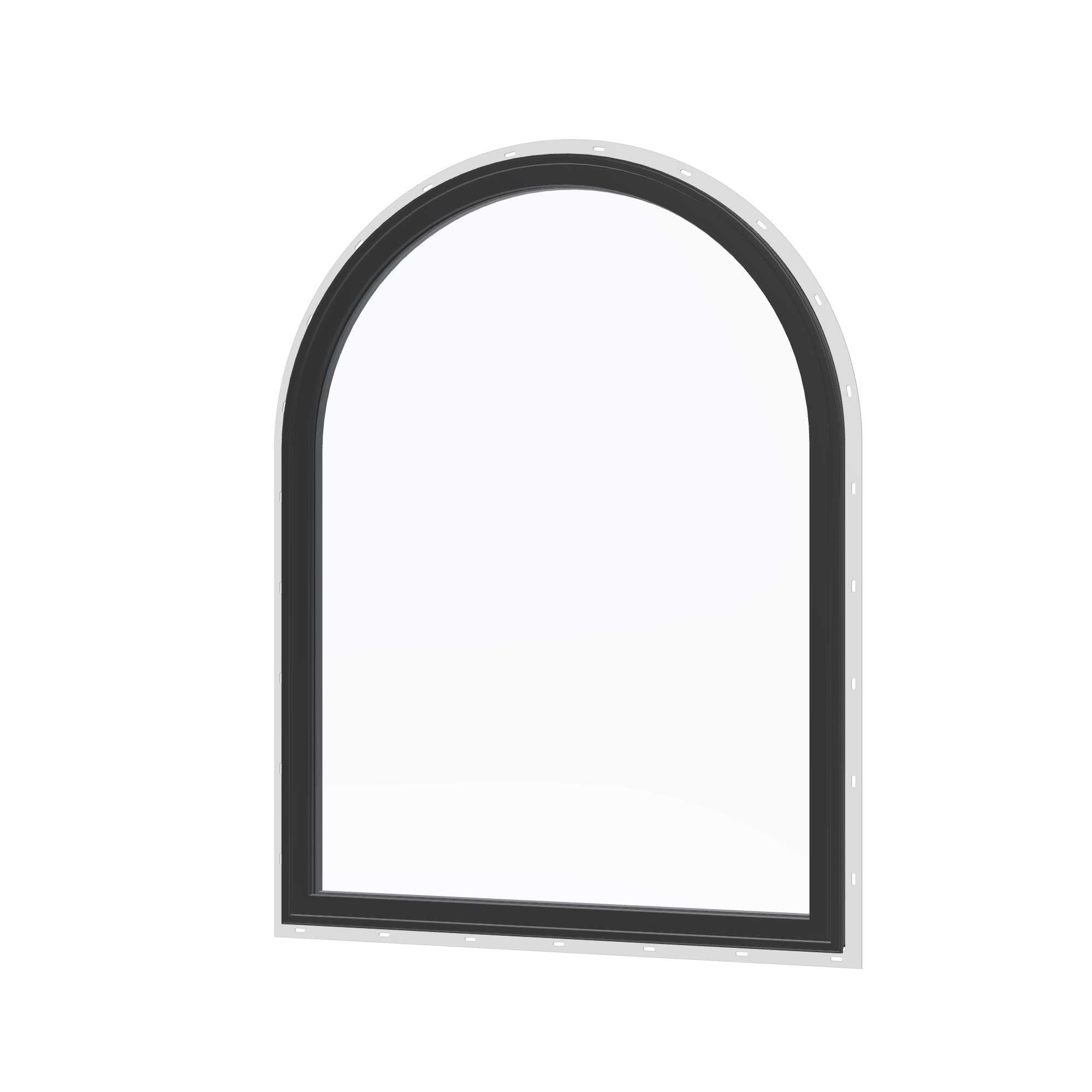 Angled exterior view of the 36 × 48 inch raised half round, black exterior / black interior, with nailing flange