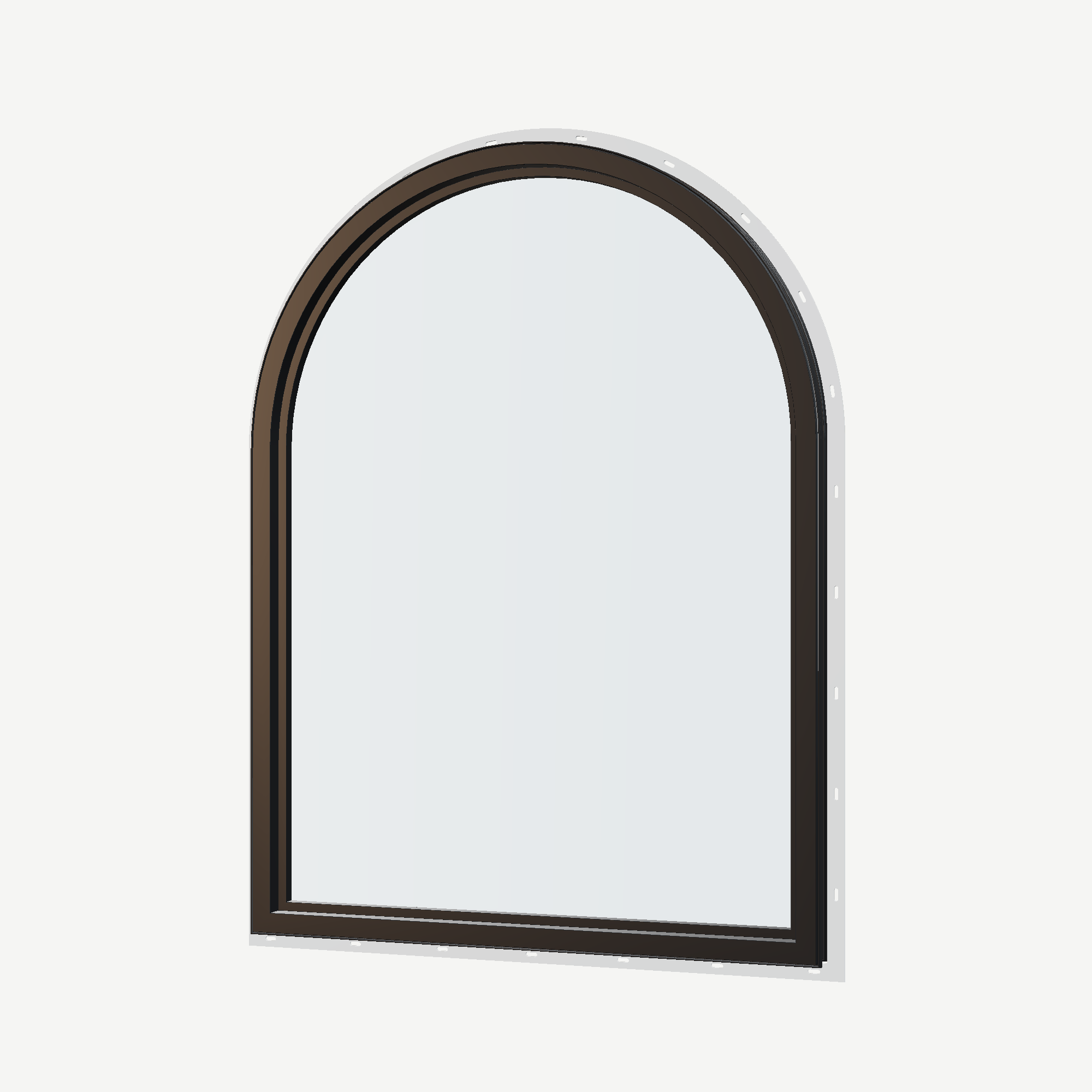 Angled interior view of the 36 × 48 inch raised half round, black exterior / black interior, with nailing flange