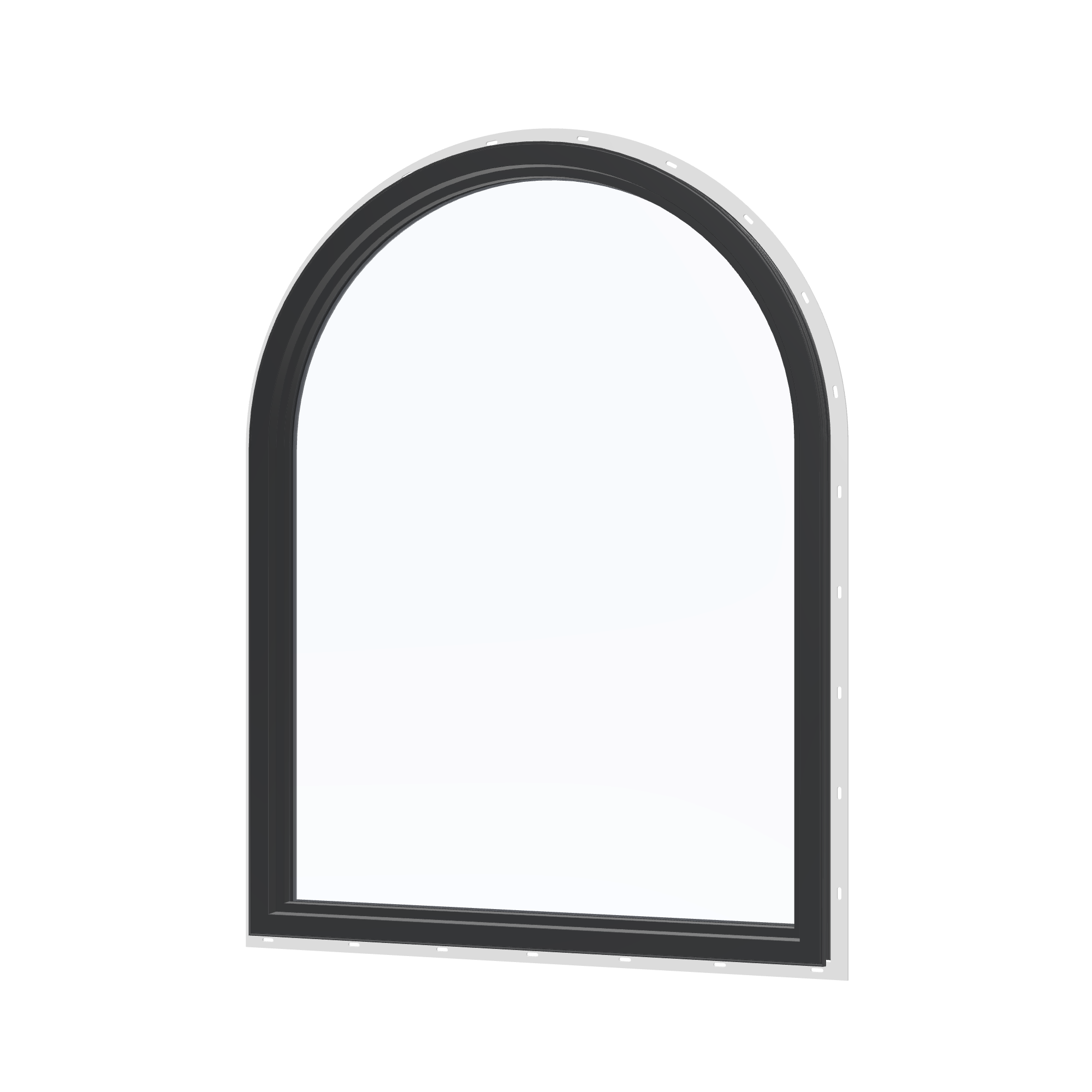 Angled interior view of the 36 × 48 inch raised half round, black exterior / black interior, with nailing flange