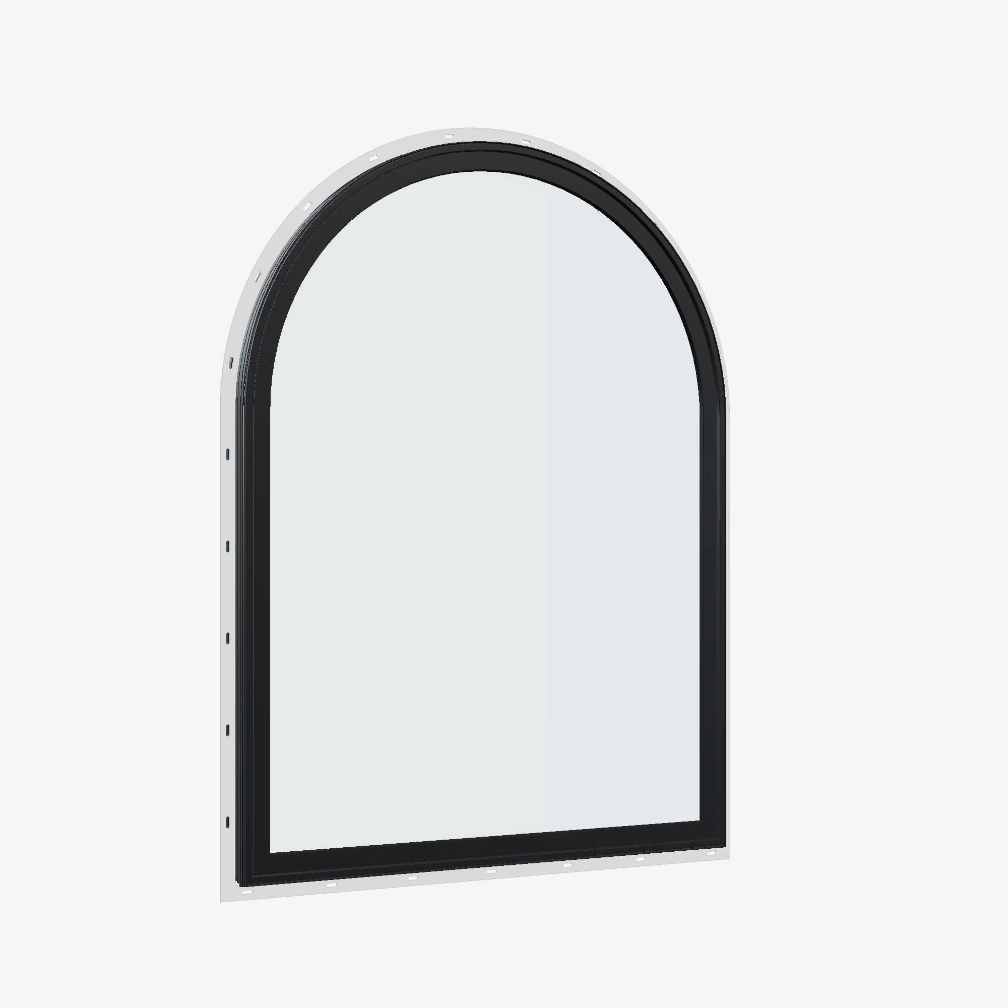 Opposite exterior angle of the 36 × 48 inch raised half round, black exterior / black interior, with nailing flange