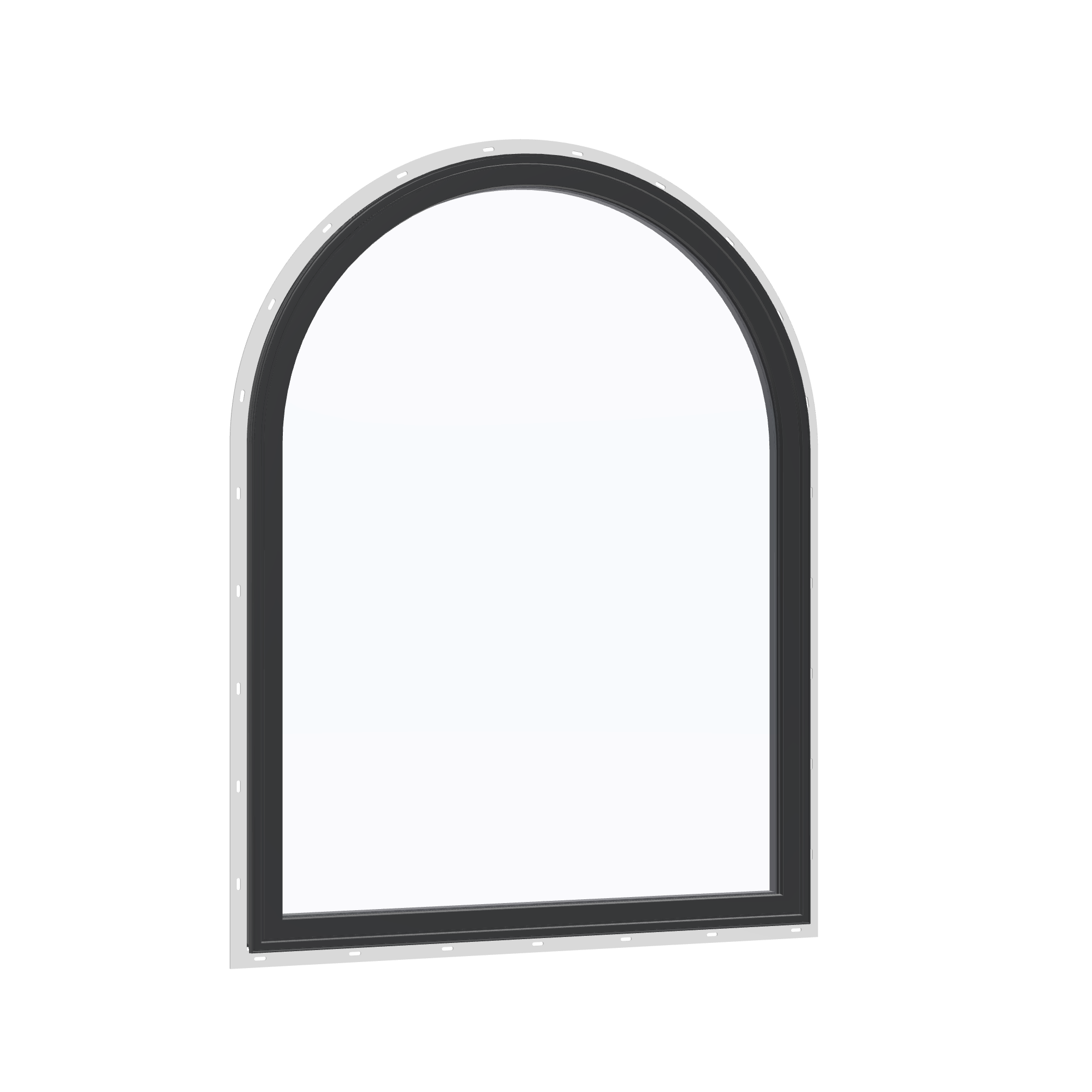 Opposite exterior angle of the 36 × 48 inch raised half round, black exterior / black interior, with nailing flange