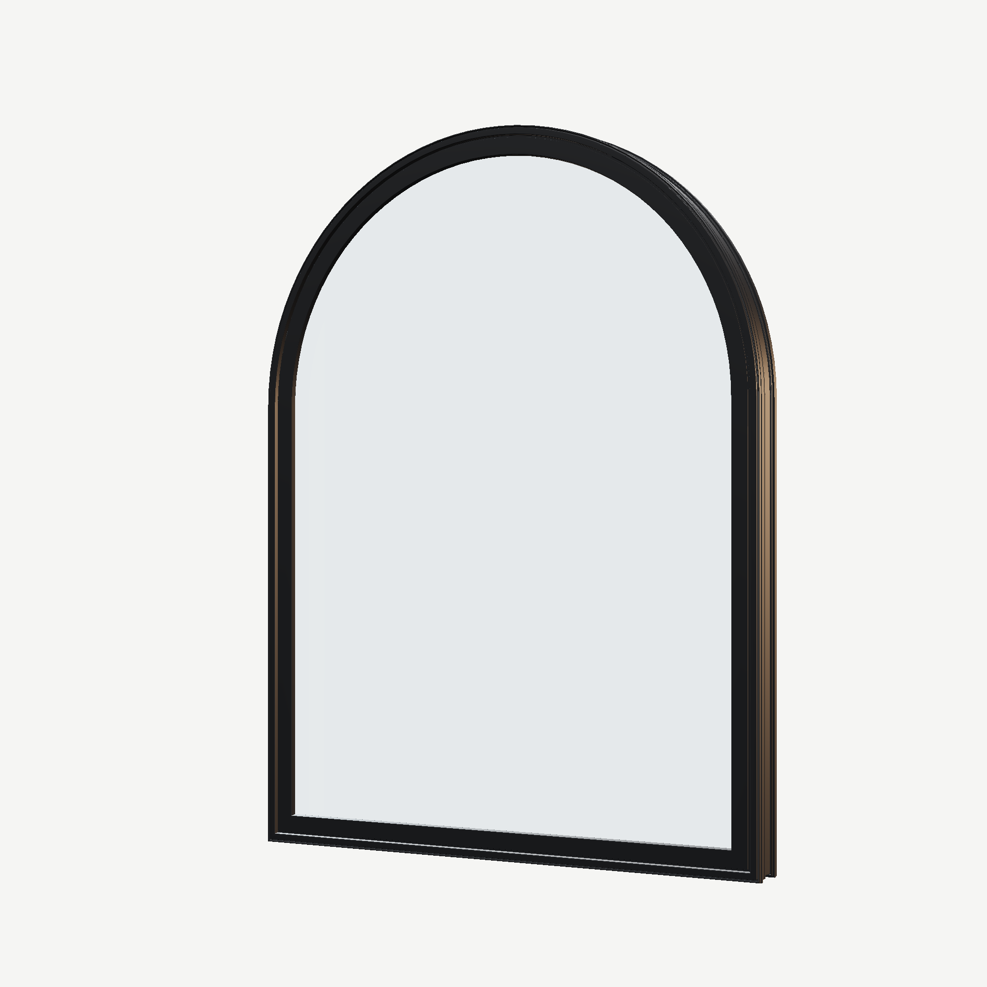 Angled exterior view of the 36 × 48 inch raised half round, black exterior / black interior, without nailing flange