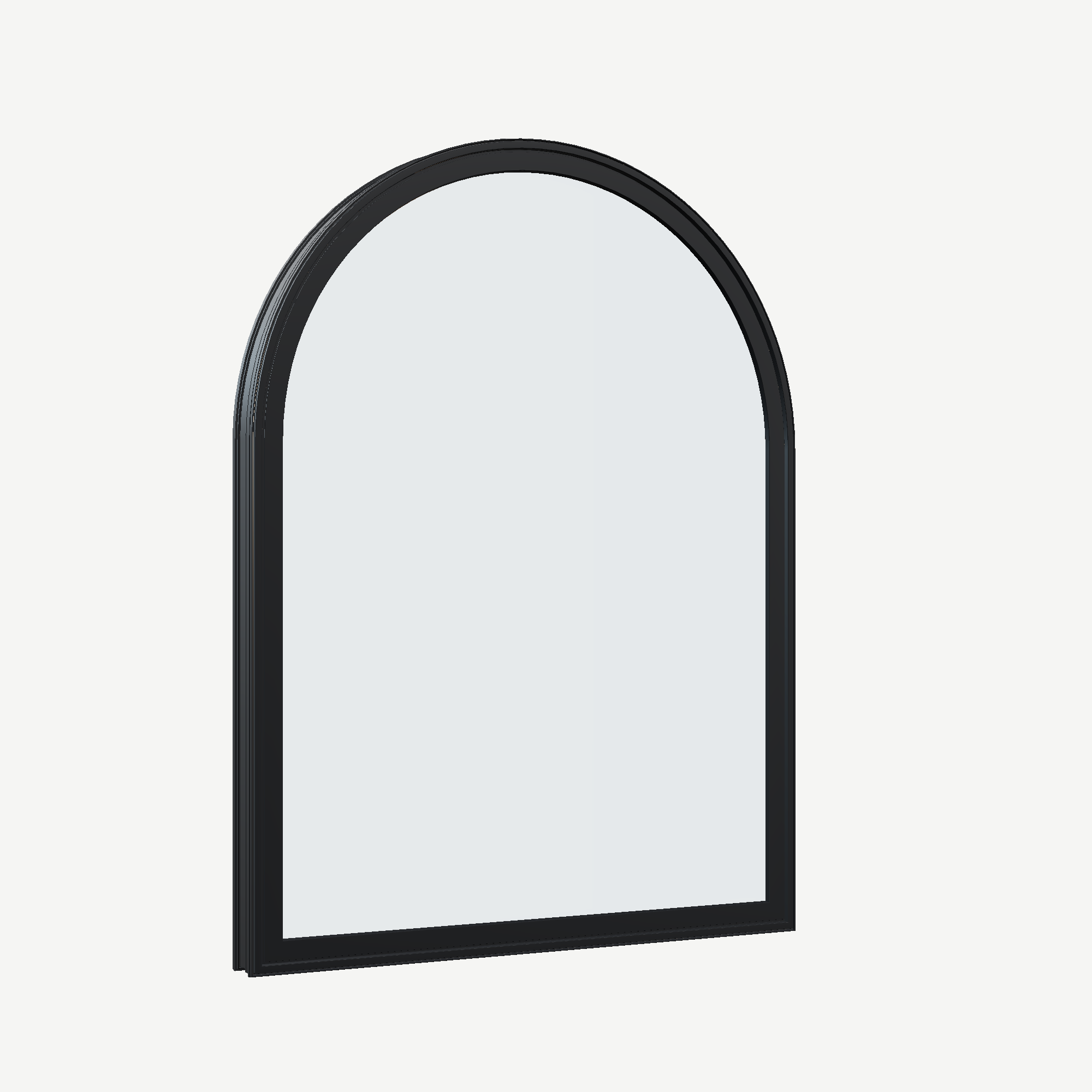 Opposite exterior angle of the 36 × 48 inch raised half round, black exterior / black interior, without nailing flange