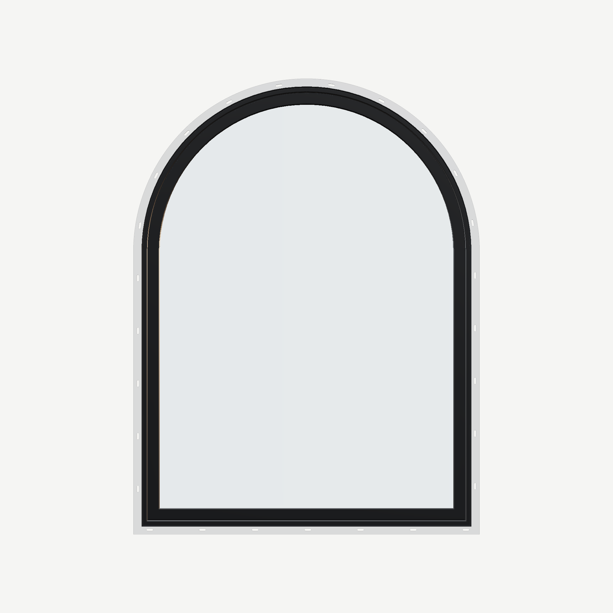 Straight exterior view of the 36 × 48 inch raised half round, black exterior / white interior, with nailing flange