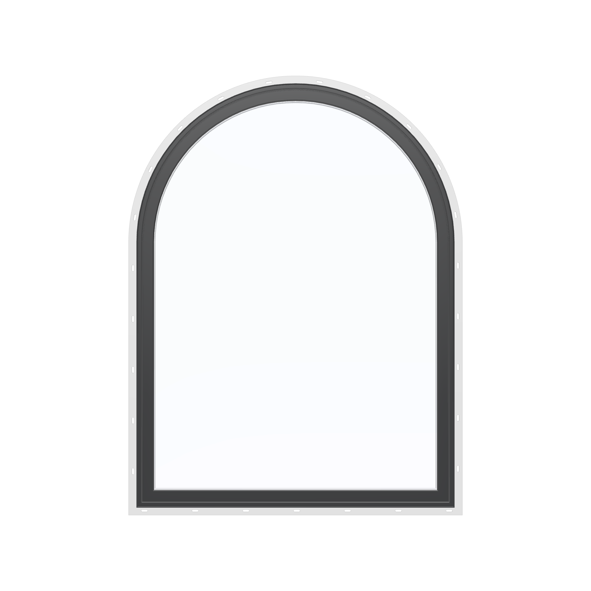 Straight exterior view of the 36 × 48 inch raised half round, black exterior / white interior, with nailing flange