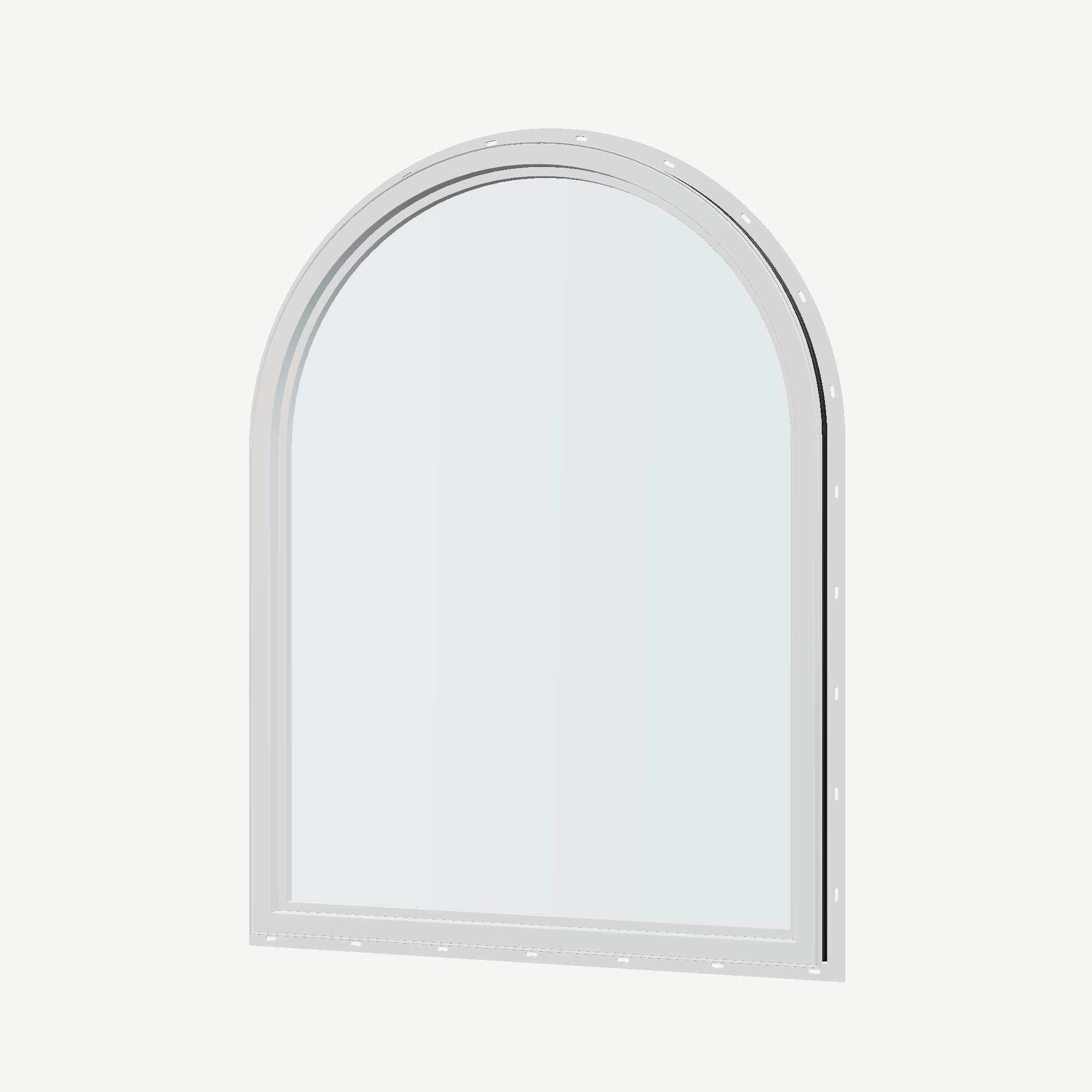 Angled interior view of the 36 × 48 inch raised half round, black exterior / white interior, with nailing flange