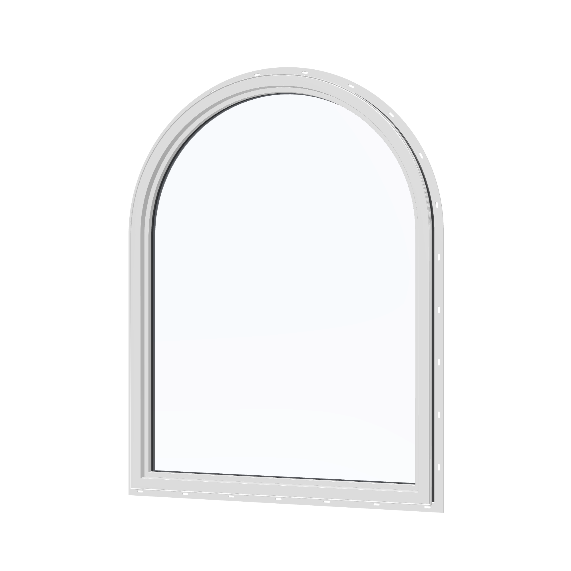 Angled interior view of the 36 × 48 inch raised half round, black exterior / white interior, with nailing flange